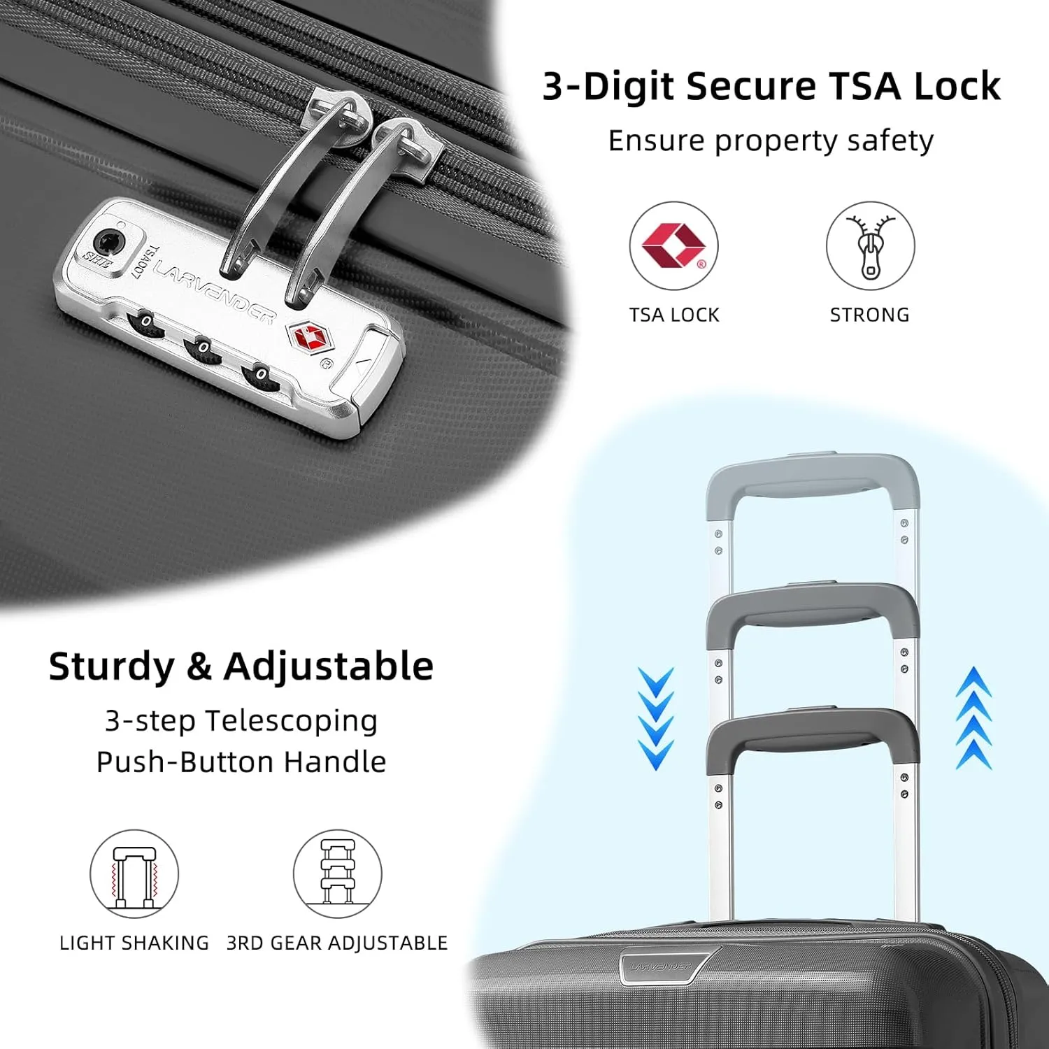 LARVENDER Luggage Sets 3 Piece with Duffel Bag Hardside PP Carry On Suitcase with 360 Spinner Wheels TSA Lock Luggage Sets for Men, Grey