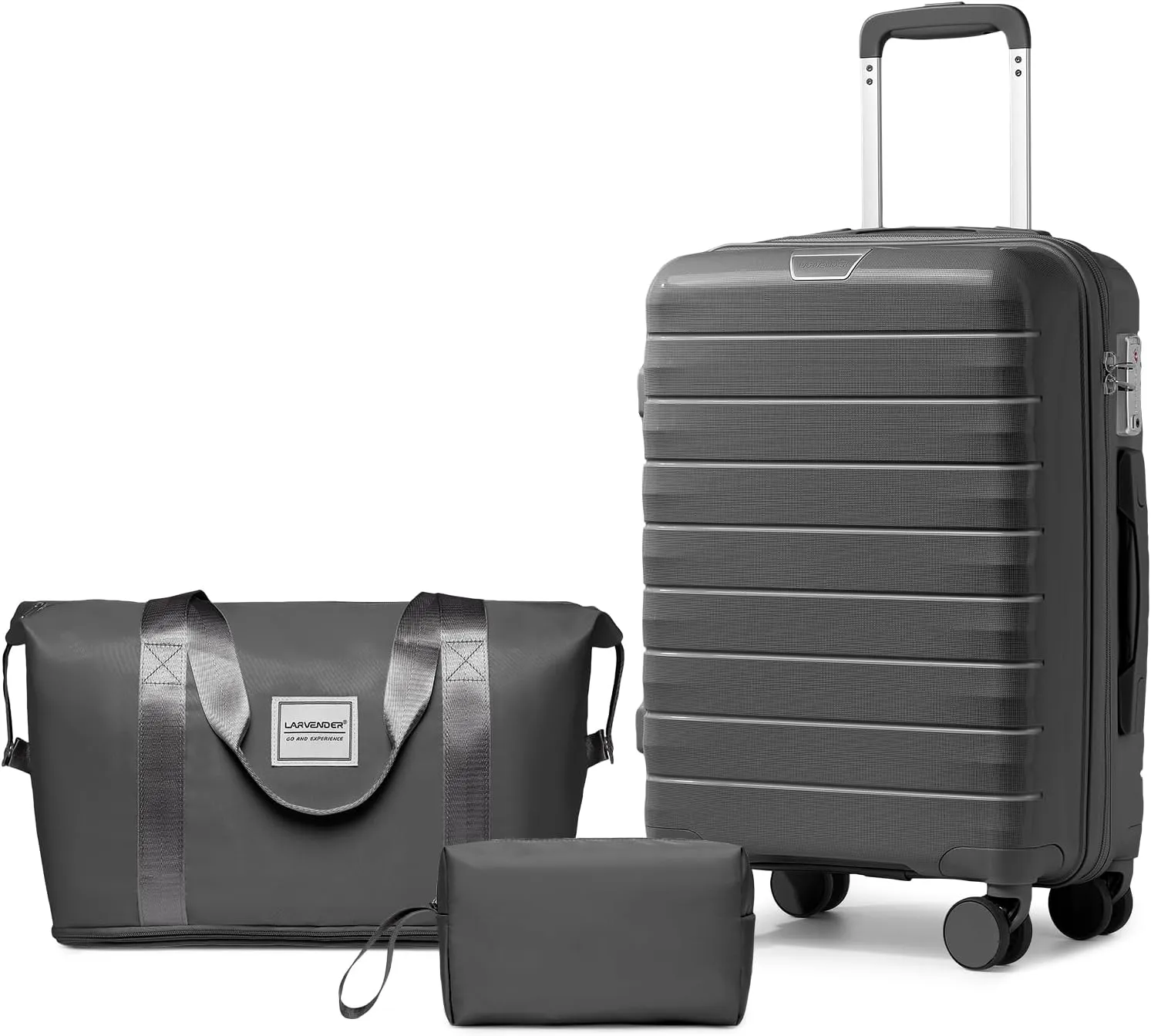 LARVENDER Luggage Sets 3 Piece with Duffel Bag Hardside PP Carry On Suitcase with 360 Spinner Wheels TSA Lock Luggage Sets for Men, Grey