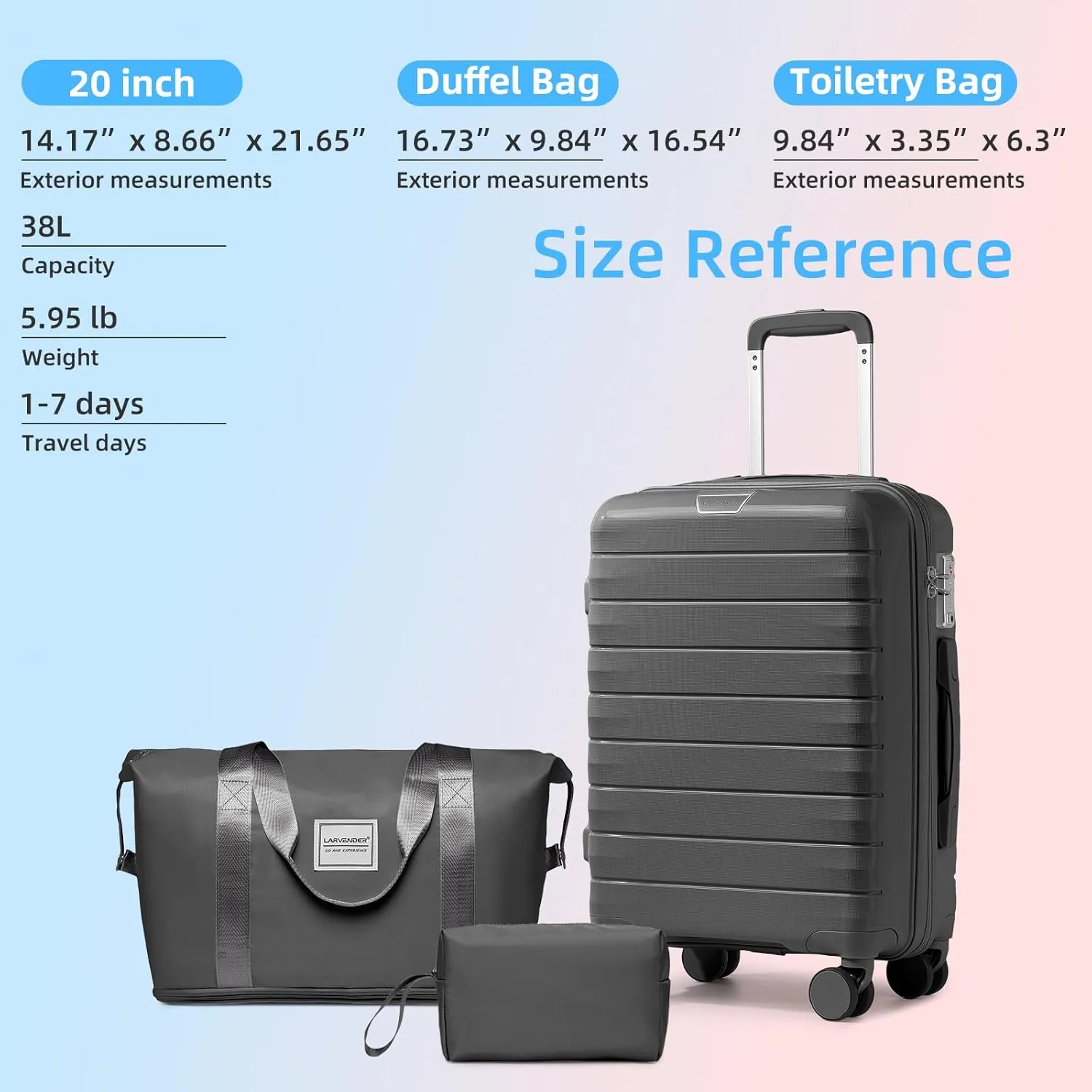 LARVENDER Luggage Sets 3 Piece with Duffel Bag Hardside PP Carry On Suitcase with 360 Spinner Wheels TSA Lock Luggage Sets for Men, Grey