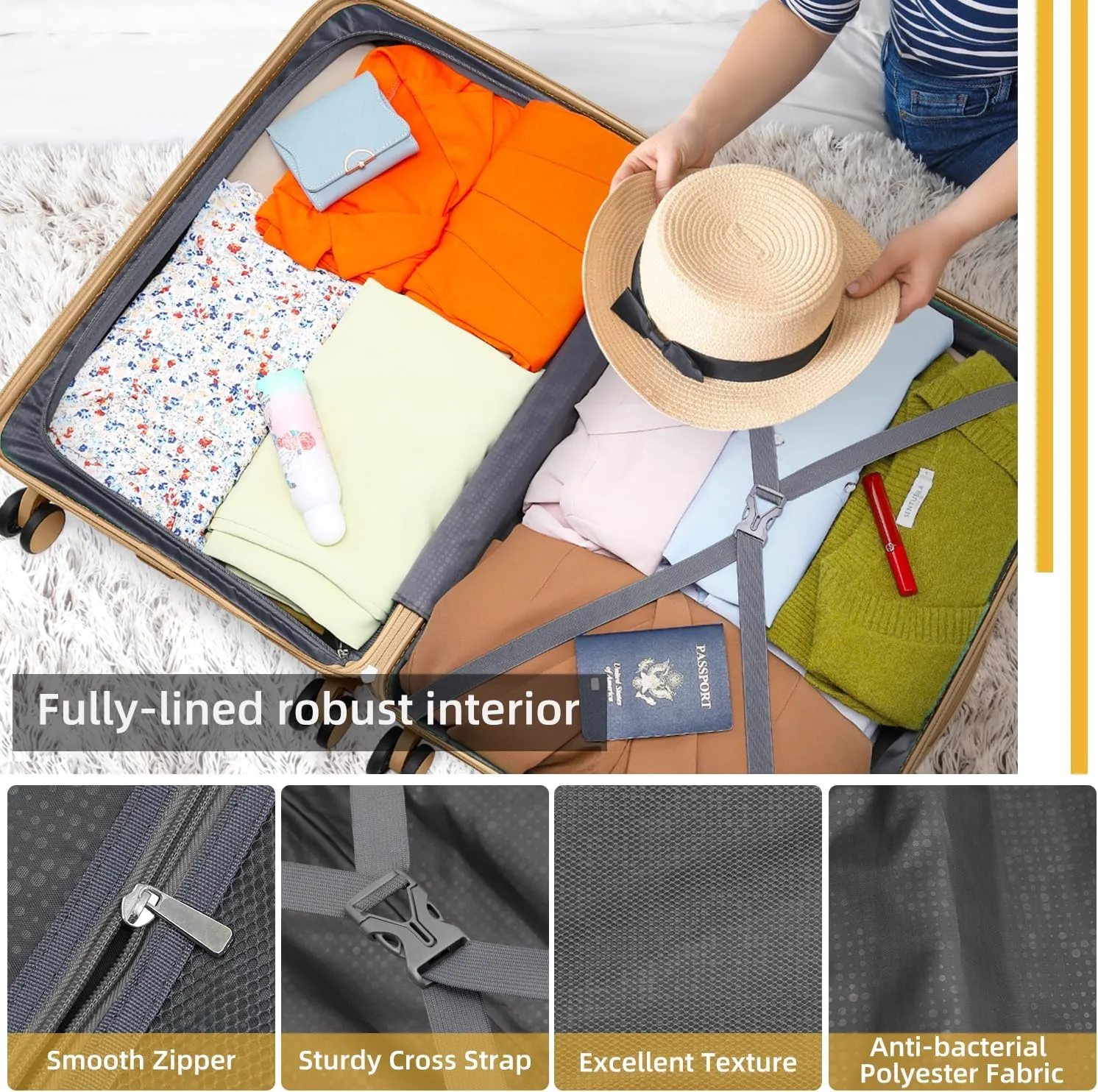 LARVENDER Luggage Sets 3 Piece with Duffel Bag Hardside PP Carry On Suitcase with 360 Spinner Wheels TSA Lock Luggage Sets for Women, Ivory Cream