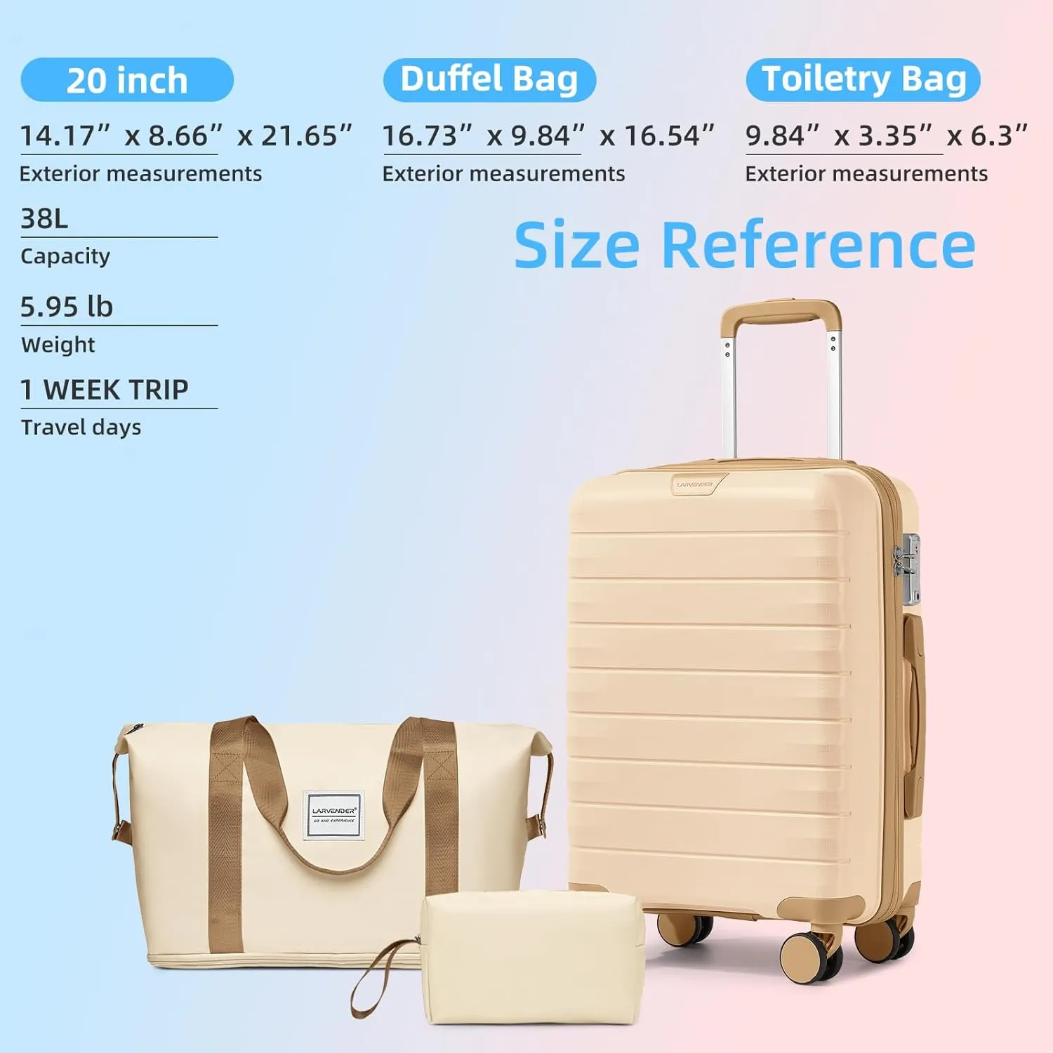 LARVENDER Luggage Sets 3 Piece with Duffel Bag Hardside PP Carry On Suitcase with 360 Spinner Wheels TSA Lock Luggage Sets for Women, Ivory Cream