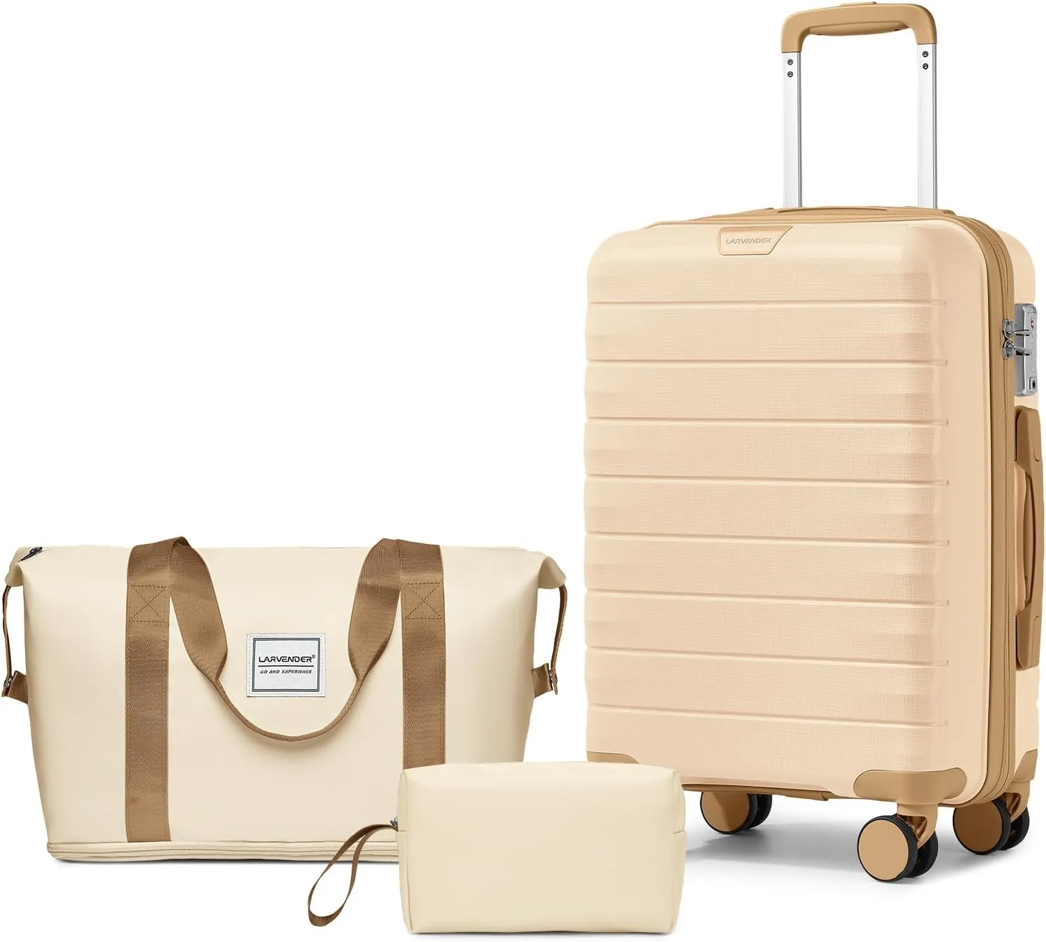 LARVENDER Luggage Sets 3 Piece with Duffel Bag Hardside PP Carry On Suitcase with 360 Spinner Wheels TSA Lock Luggage Sets for Women, Ivory Cream
