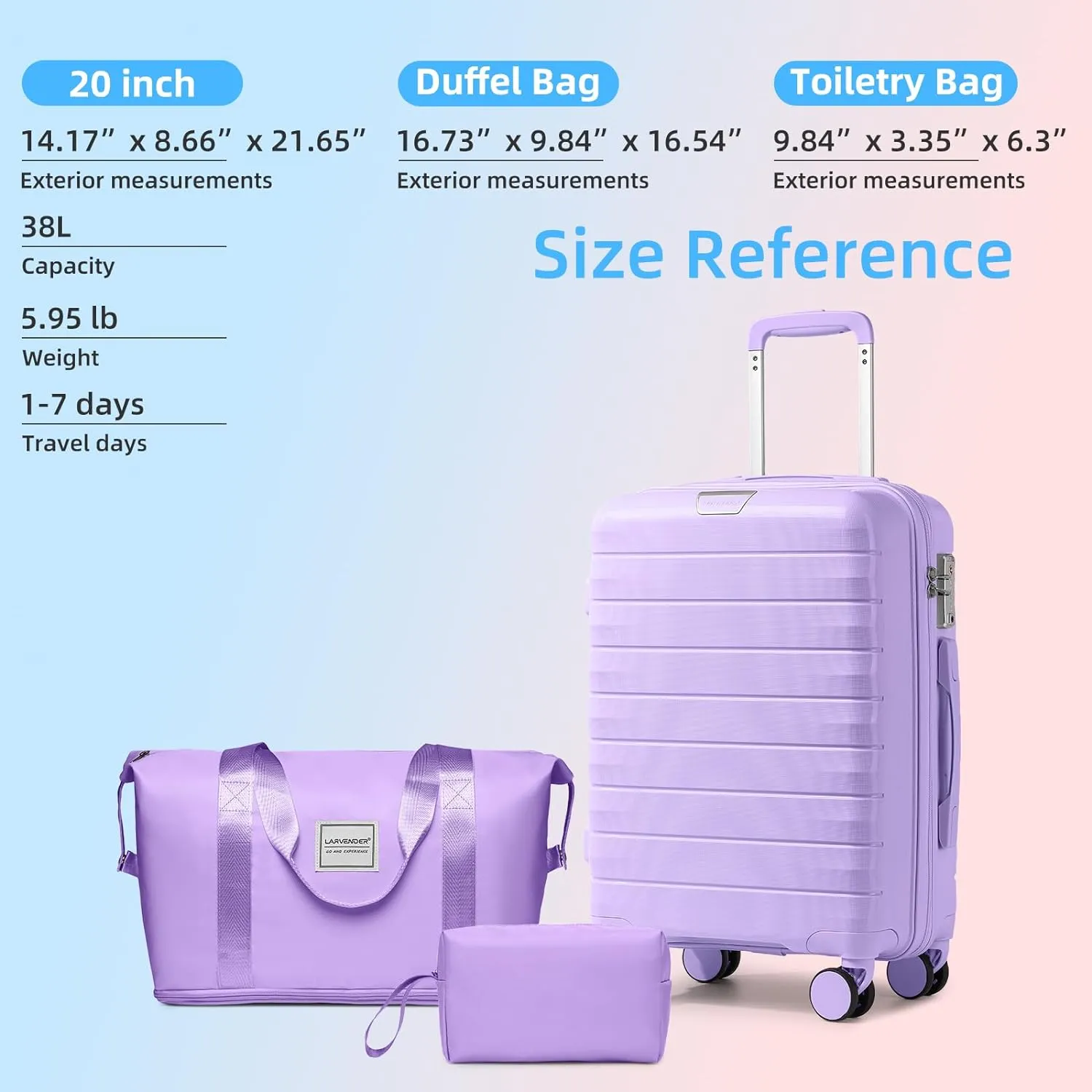 LARVENDER Luggage Sets 3 Piece with Duffel Bag Hardside PP Carry On Suitcase with 360 Spinner Wheels TSA Lock Luggage Sets for Women, Lavender