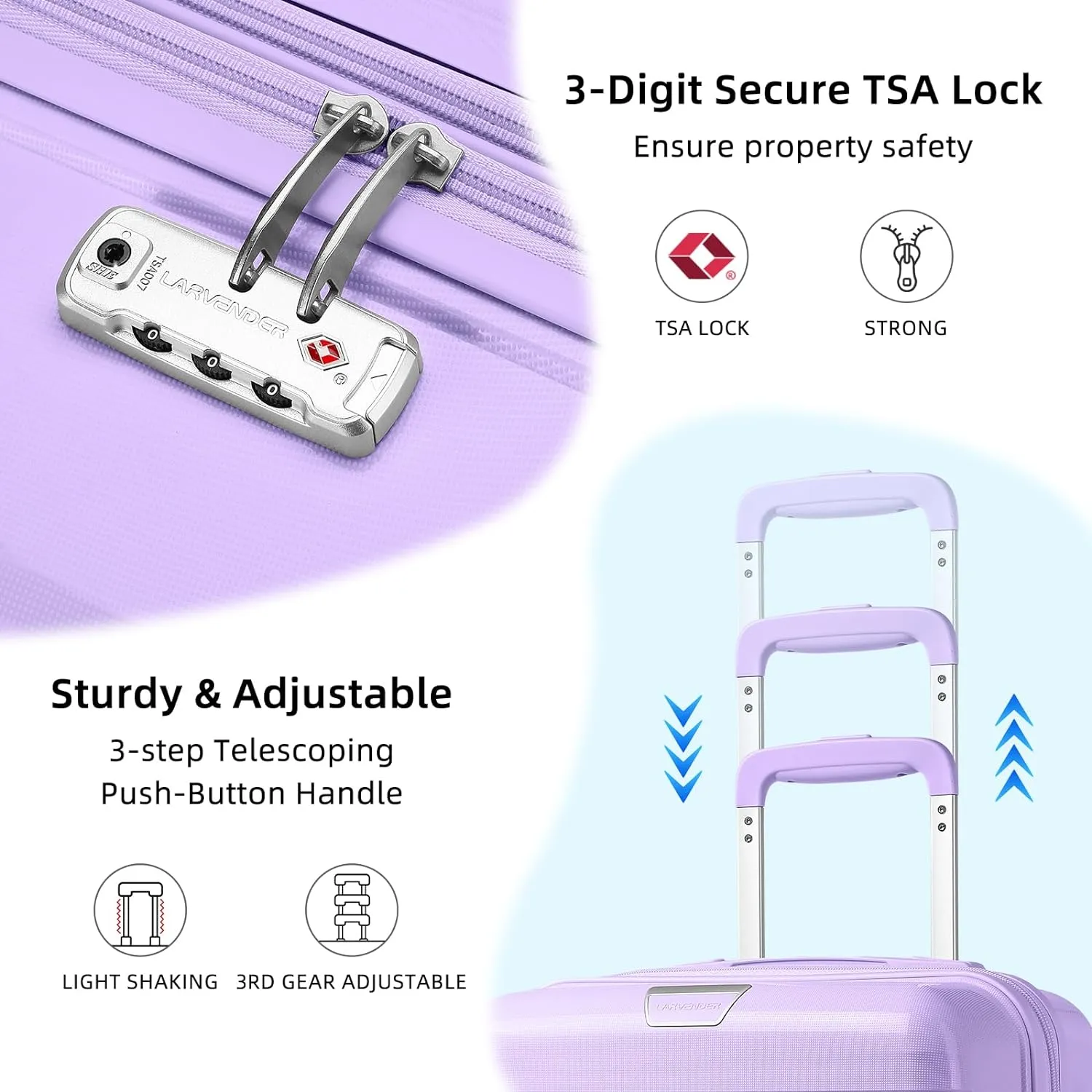 LARVENDER Luggage Sets 3 Piece with Duffel Bag Hardside PP Carry On Suitcase with 360 Spinner Wheels TSA Lock Luggage Sets for Women, Lavender