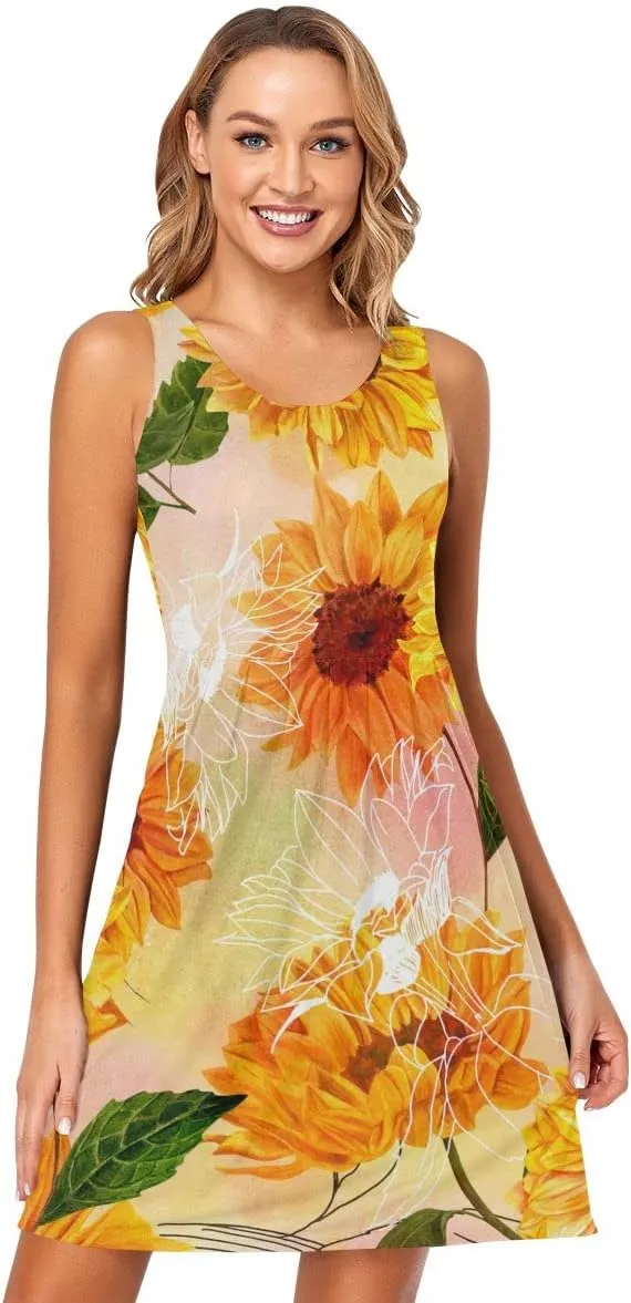 linqin Women's Casual Sleeveless Summer Dress with Pockets Vibrant Yellow Sunflower Beach Shift Dress