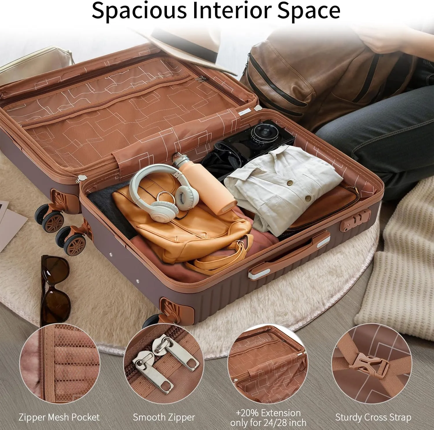 Luggage Sets 4 Piece, Expandable Hardside Carry on Suitcase Set with Spinner Wheels and TSA Lock, Lightweight ABS Rolling Luggage with Packing Cubes for Travel (Brown, 4-Piece Set (16/20/24/28))