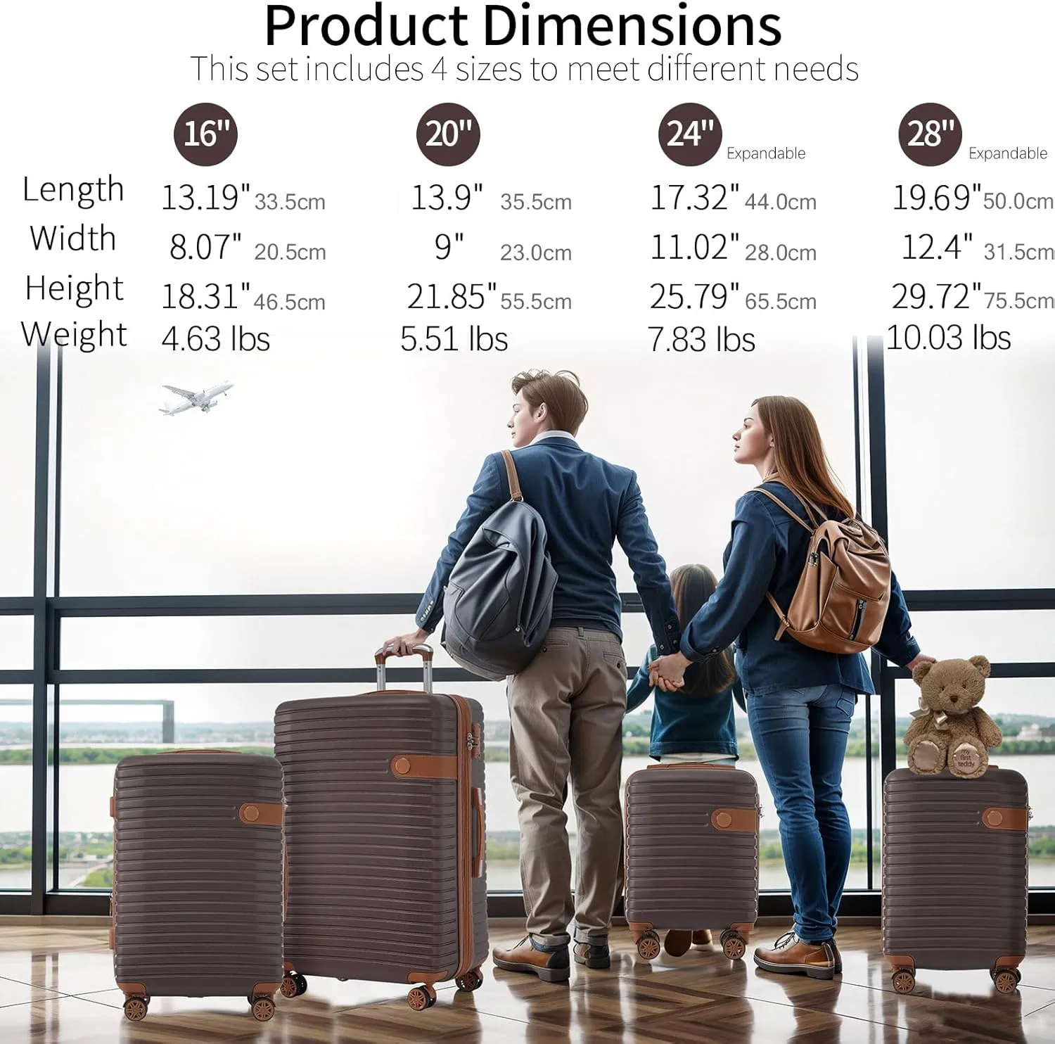 Luggage Sets 4 Piece, Expandable Hardside Carry on Suitcase Set with Spinner Wheels and TSA Lock, Lightweight ABS Rolling Luggage with Packing Cubes for Travel (Brown, 4-Piece Set (16/20/24/28))