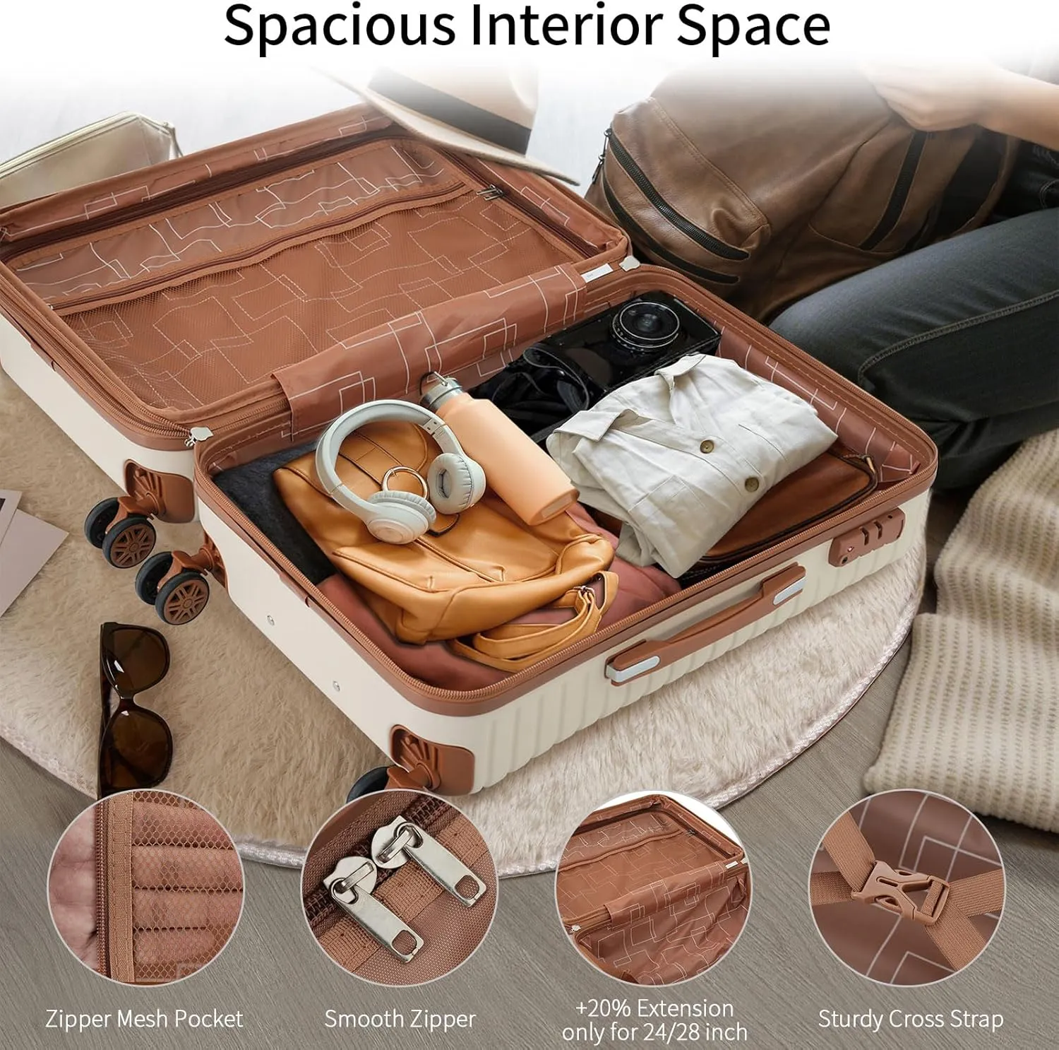 Luggage Sets 4 Piece, Expandable Hardside Carry on Suitcase Set with Spinner Wheels and TSA Lock, Lightweight ABS Rolling Luggage with Packing Cubes for Travel (Cream White, 4-Piece Set (16/20/24/28))