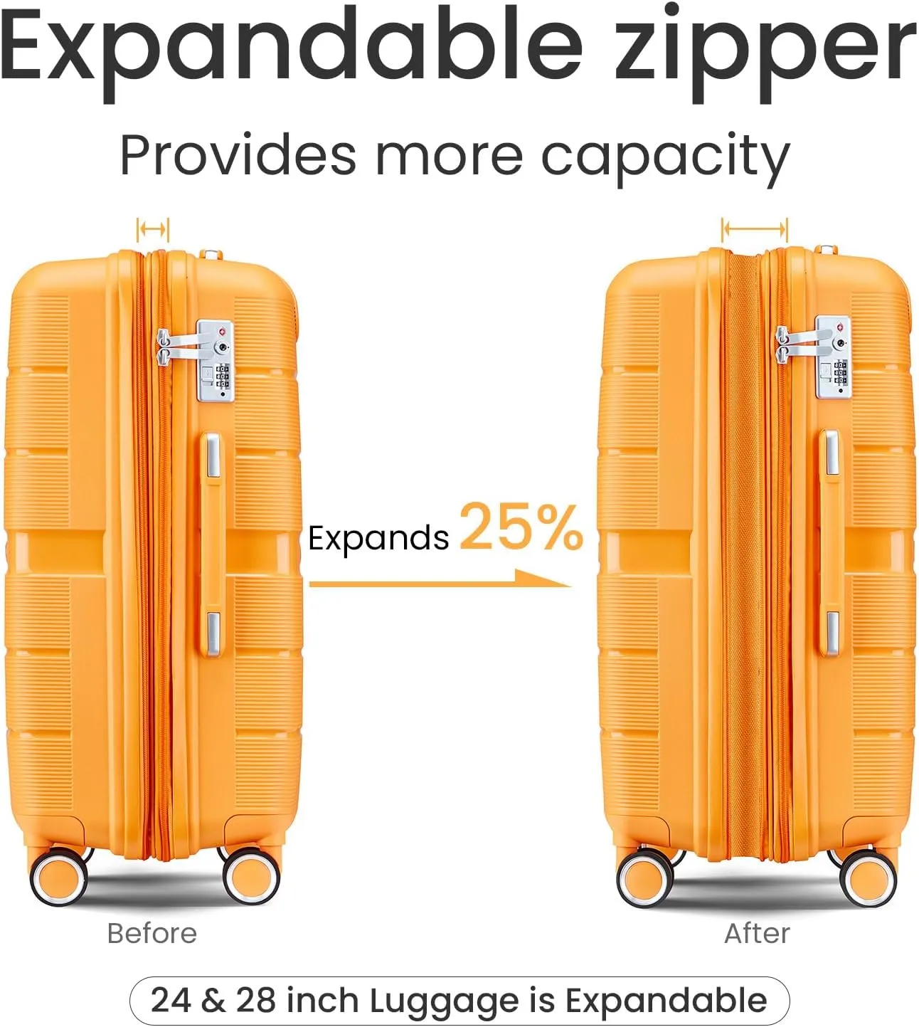 Luggage Sets 4 Piece Expandable Suitcase Set, PP Hardshell Suitcase with Spinner Wheels,Lightweight Carry On Luggage with TSA Lock for Women (Orange)