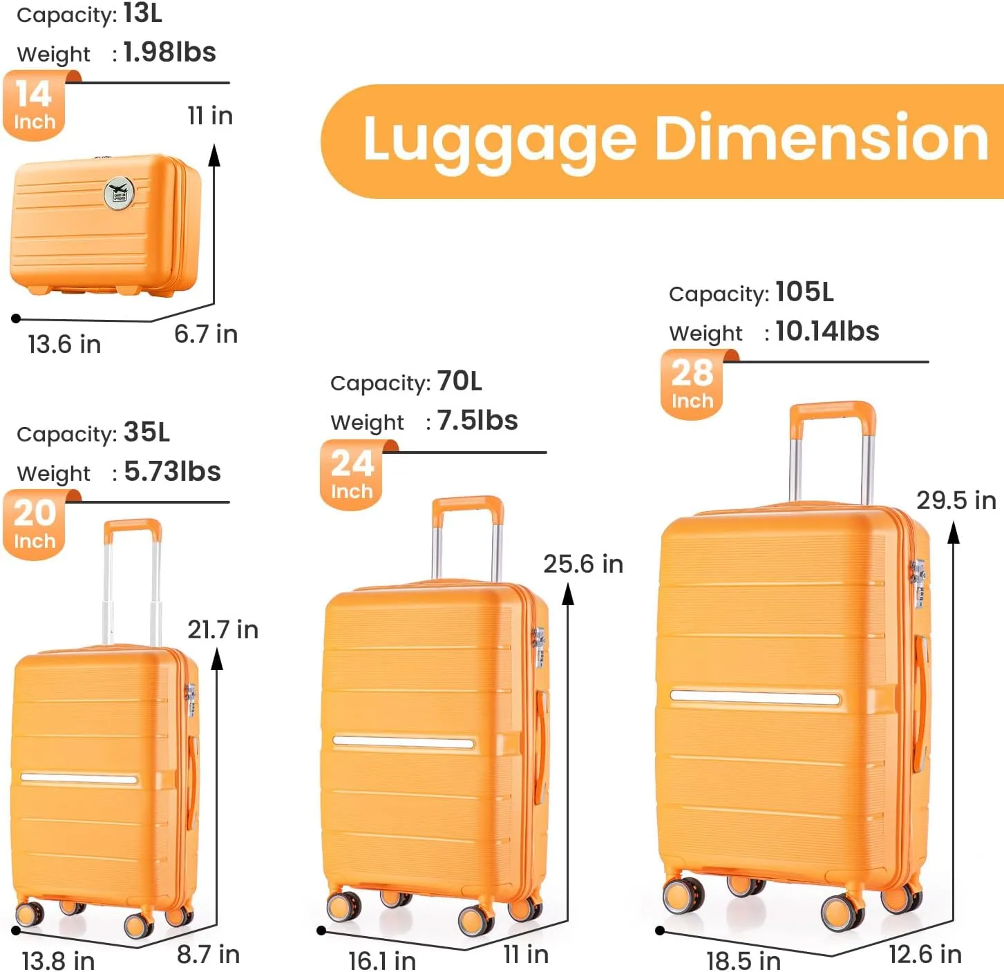 Luggage Sets 4 Piece Expandable Suitcase Set, PP Hardshell Suitcase with Spinner Wheels,Lightweight Carry On Luggage with TSA Lock for Women (Orange)