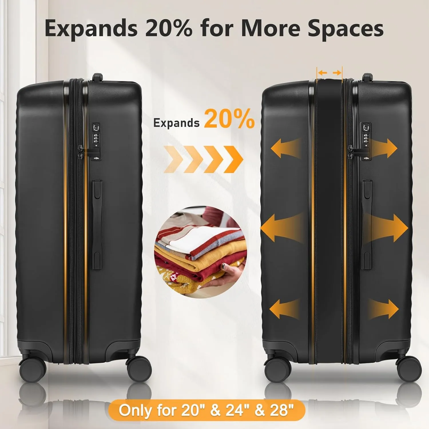 Luggage Sets 4 Pieces Suitcase with Spinner Wheels TSA Lock, Durable Lightweight Travel Luggages with USB Port, Hardside Carry On Suitcase Set for Men Women, 14" 20" 24" 28", Black