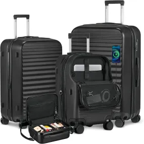 Luggage Sets 4 Pieces Suitcase with Spinner Wheels TSA Lock, Durable Lightweight Travel Luggages with USB Port, Hardside Carry On Suitcase Set for Men Women, 14" 20" 24" 28", Black