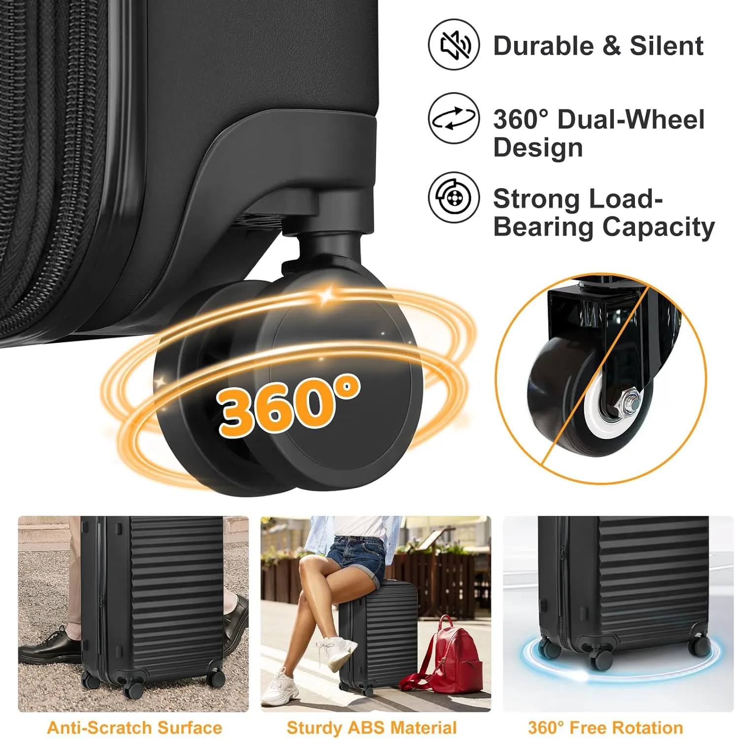 Luggage Sets 4 Pieces Suitcase with Spinner Wheels TSA Lock, Durable Lightweight Travel Luggages with USB Port, Hardside Carry On Suitcase Set for Men Women, 14" 20" 24" 28", Black