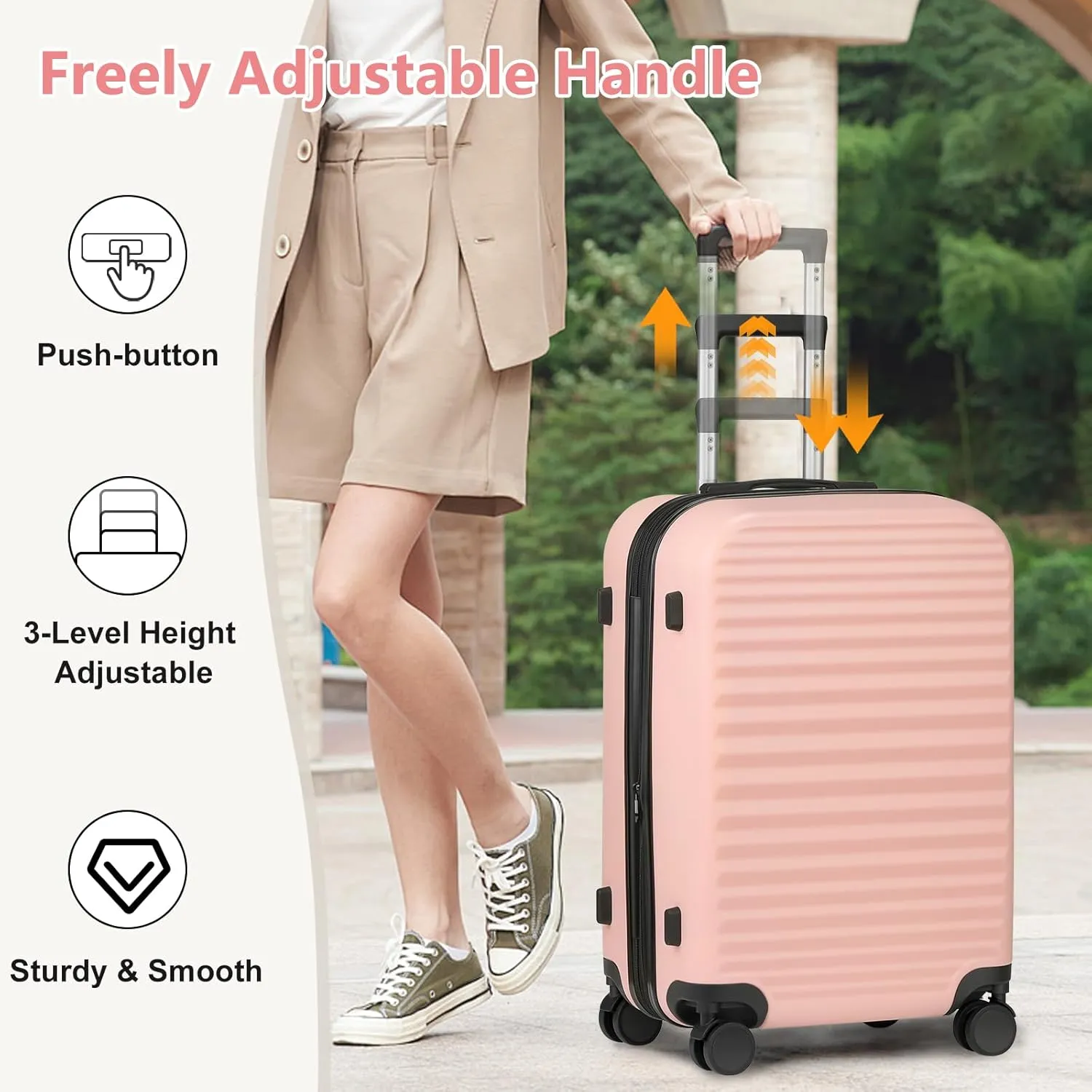 Luggage Sets 4 Pieces Suitcase with Spinner Wheels TSA Lock, Durable Lightweight Travel Luggages with USB Port, Hardside Carry On Suitcase Set for Men Women, 14" 20" 24" 28", Pink