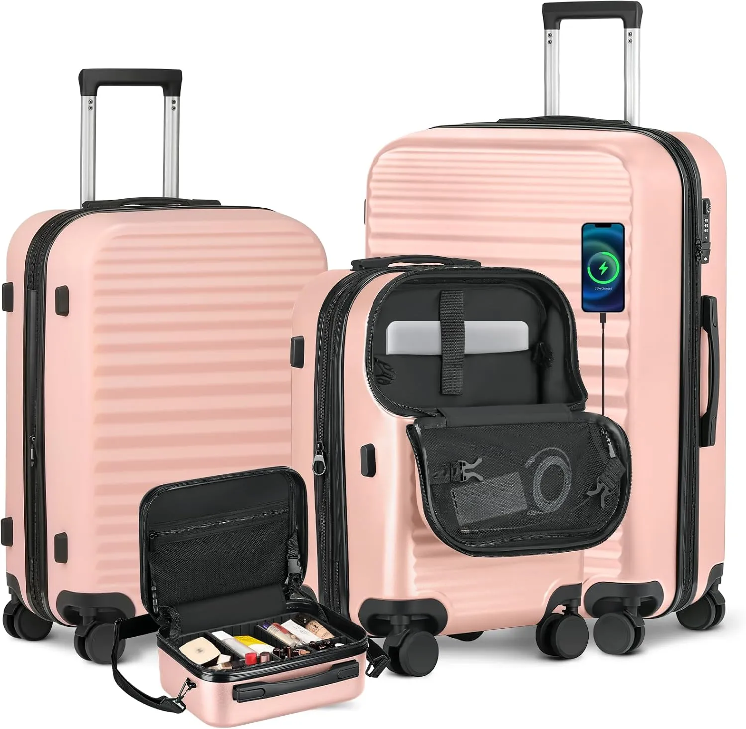 Luggage Sets 4 Pieces Suitcase with Spinner Wheels TSA Lock, Durable Lightweight Travel Luggages with USB Port, Hardside Carry On Suitcase Set for Men Women, 14" 20" 24" 28", Pink