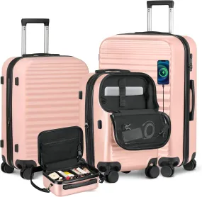 Luggage Sets 4 Pieces Suitcase with Spinner Wheels TSA Lock, Durable Lightweight Travel Luggages with USB Port, Hardside Carry On Suitcase Set for Men Women, 14" 20" 24" 28", Pink