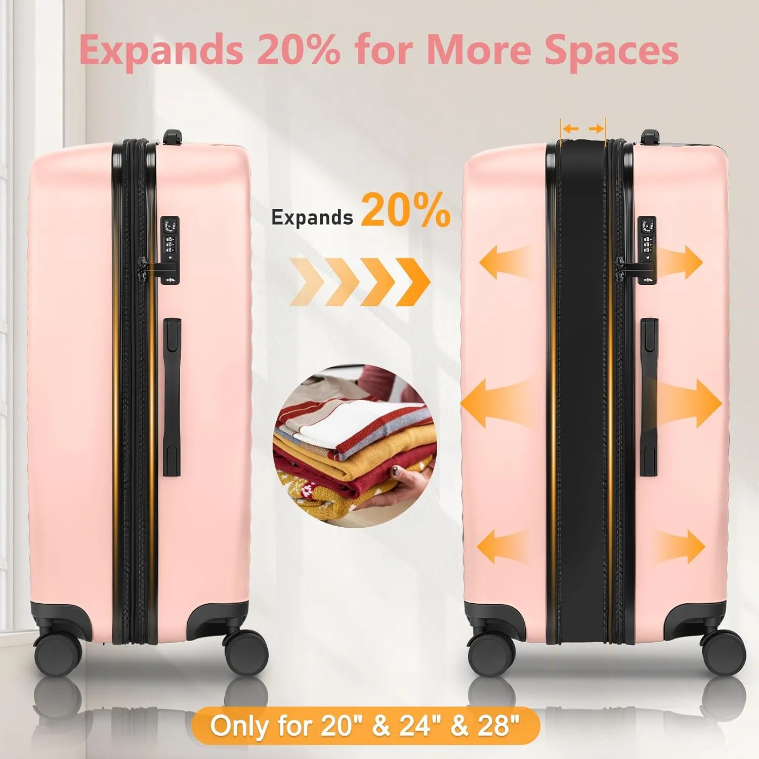 Luggage Sets 4 Pieces Suitcase with Spinner Wheels TSA Lock, Durable Lightweight Travel Luggages with USB Port, Hardside Carry On Suitcase Set for Men Women, 14" 20" 24" 28", Pink