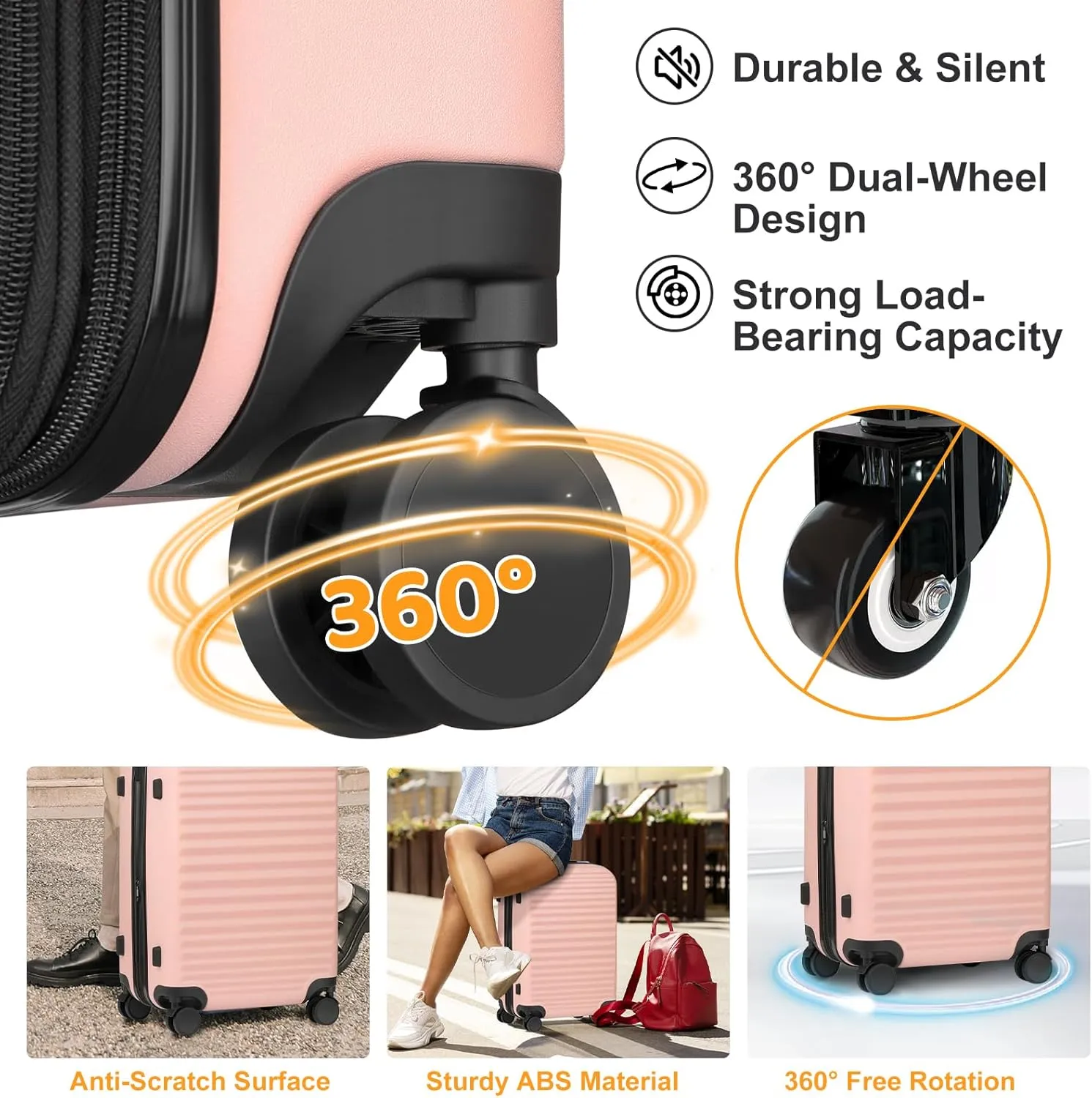 Luggage Sets 4 Pieces Suitcase with Spinner Wheels TSA Lock, Durable Lightweight Travel Luggages with USB Port, Hardside Carry On Suitcase Set for Men Women, 14" 20" 24" 28", Pink