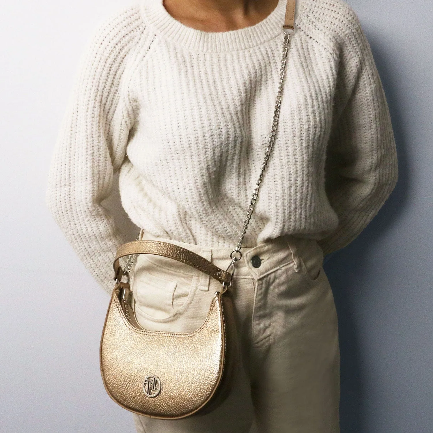 Pixie - Metallic Leather Mini Crescent Bag With Chain Strap | TL142413