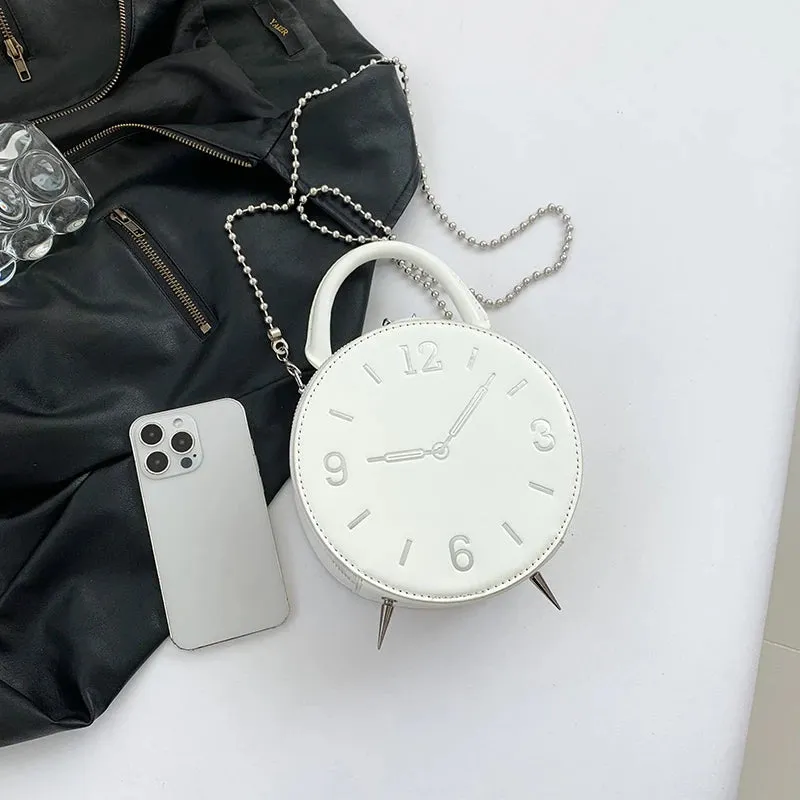 Round Clock Shape Crossbody Bag - Leather