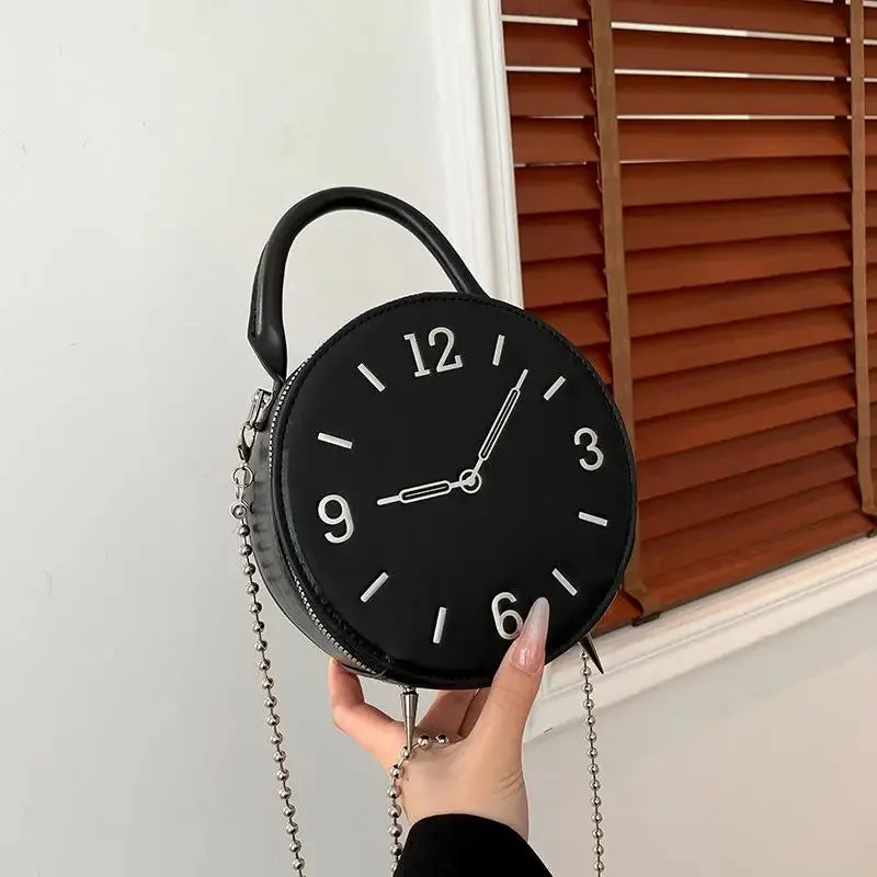 Round Clock Shape Crossbody Bag - Leather