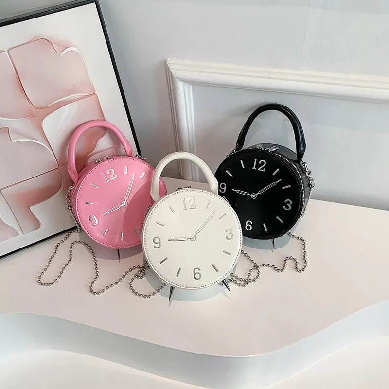 Round Clock Shape Crossbody Bag - Leather