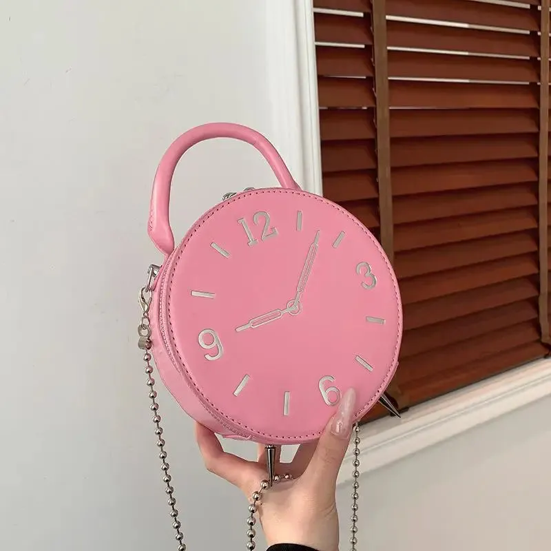 Round Clock Shape Crossbody Bag - Leather