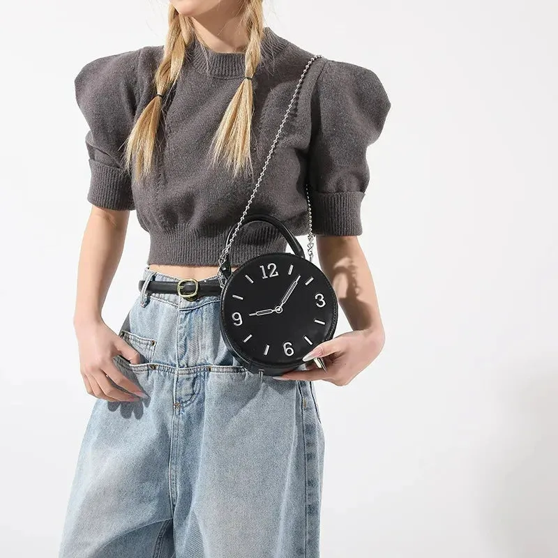 Round Clock Shape Crossbody Bag - Leather