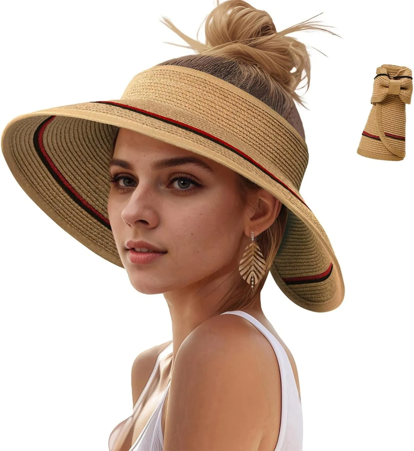 Sun Hats Visor for Women, UV UPF Straw Beach Hat Foldable Wide Brim Ponytail Summer Hats Packable Travel