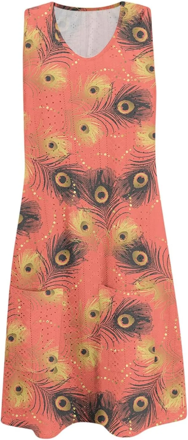 Sundresses for Women Eyelet Coverup Mini Dress Sleeveless Summer Beach Vibrant Floral Tank Dresses with Pockets