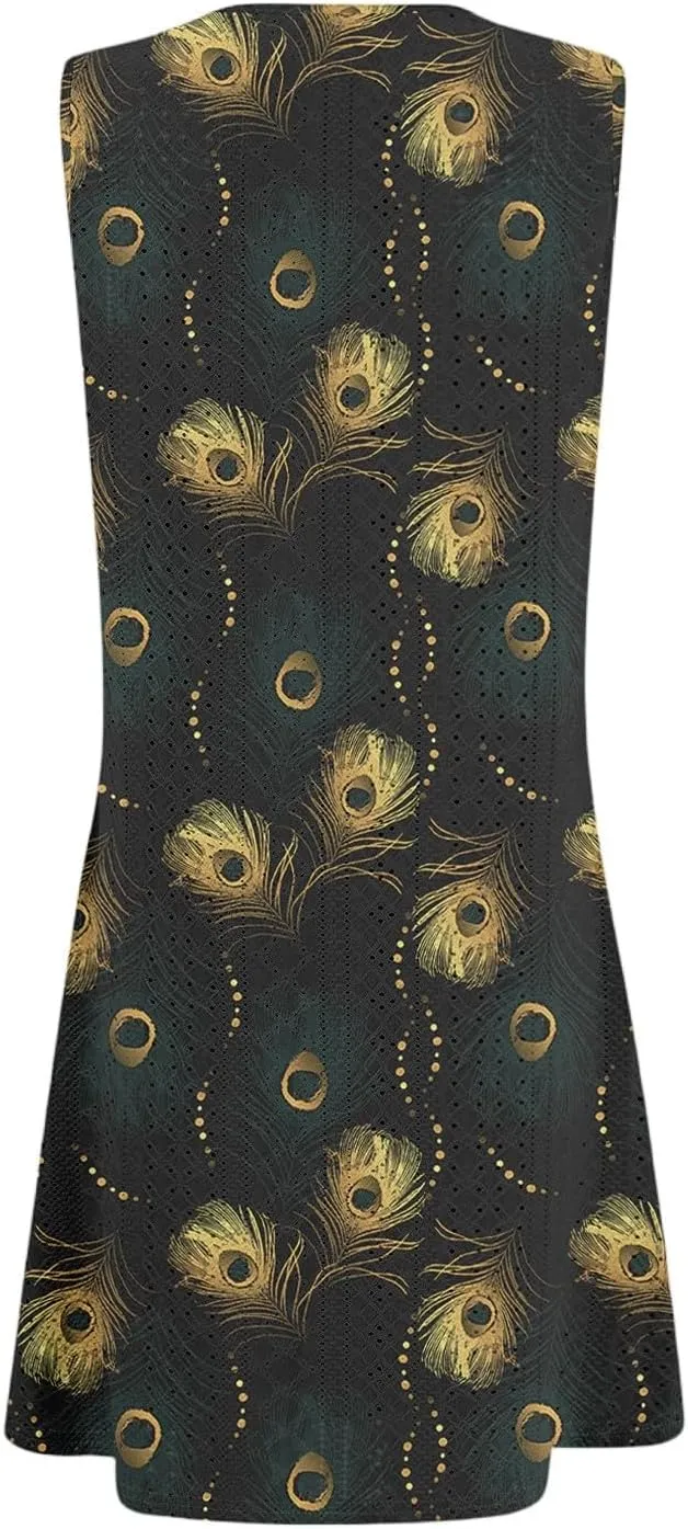 Sundresses for Women Eyelet Coverup Mini Dress Sleeveless Summer Beach Vibrant Floral Tank Dresses with Pockets