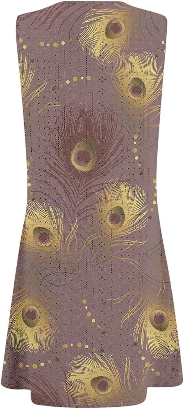 Sundresses for Women Eyelet Coverup Mini Dress Sleeveless Summer Beach Vibrant Floral Tank Dresses with Pockets