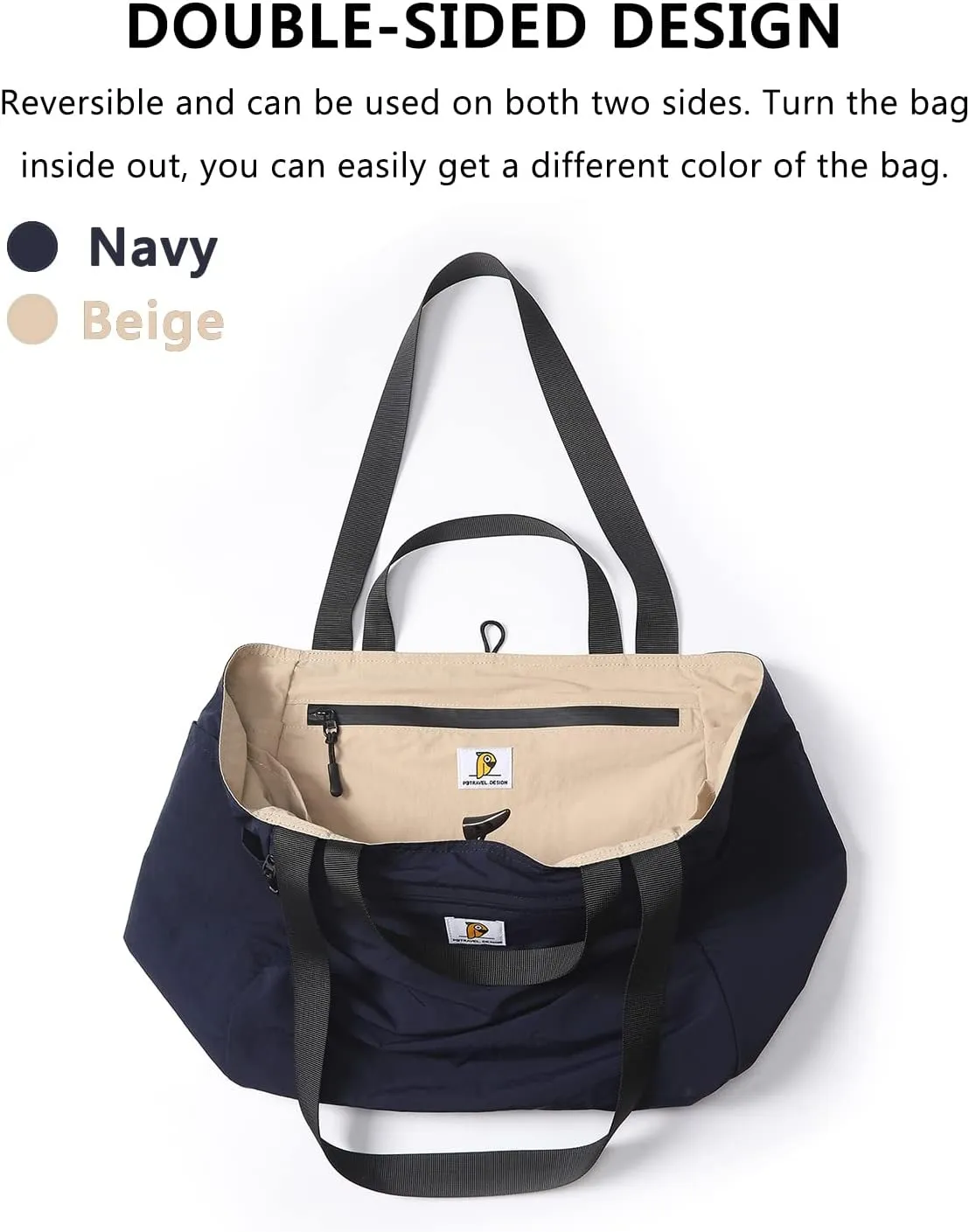 VanFn Duffle Bags, Foldable Travel Totes Duffel Bag, Gym Bags, Weekend Bag, Luggage Duffle, P.Travel Series, Reversible - Navy/Beige, Lightweight