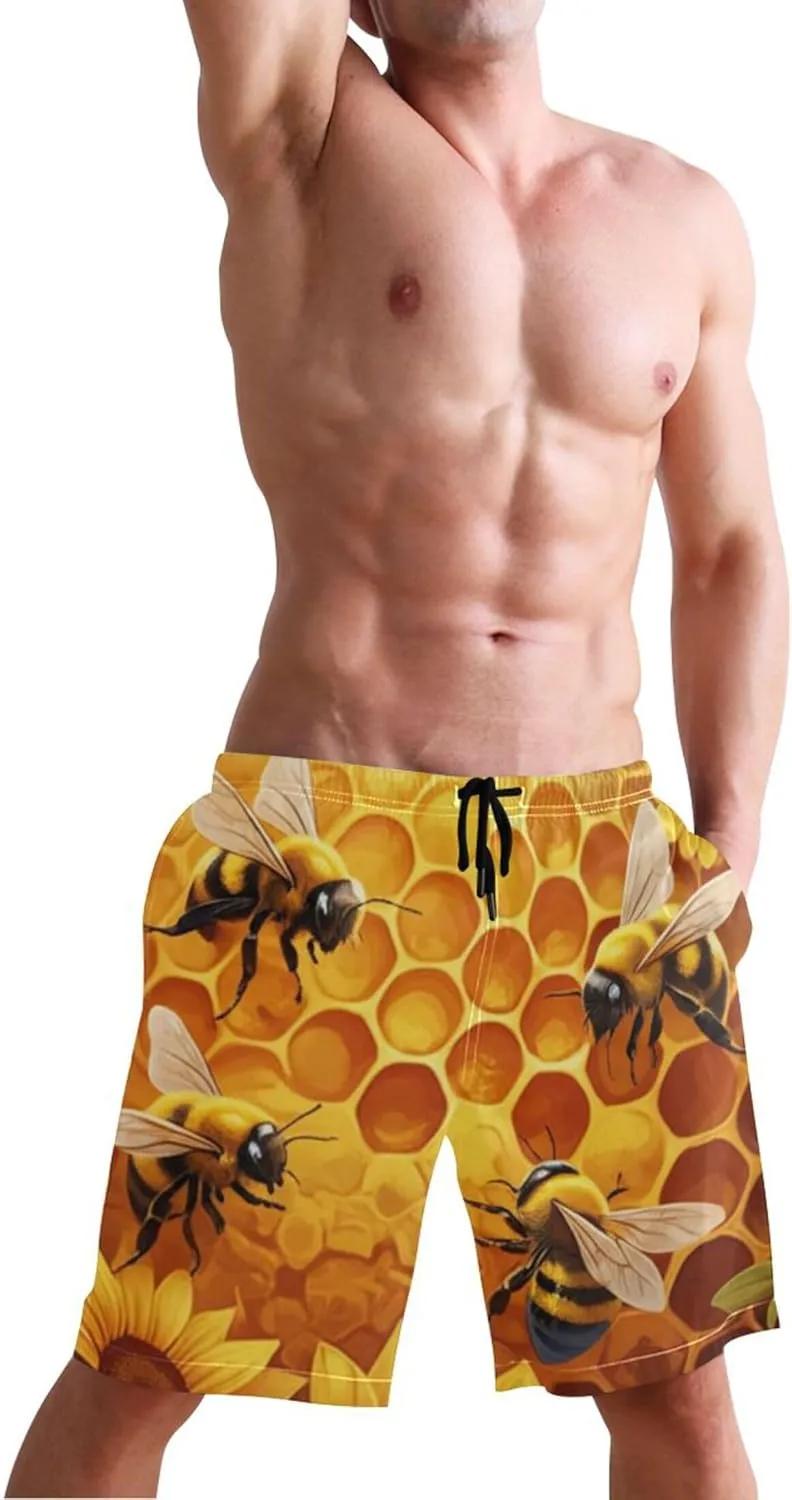 Vibrant Bees Sunflowers Swimming Board Shorts Cute Swim Trunks Men Hawaiian Elastic Waist Quick Dry S