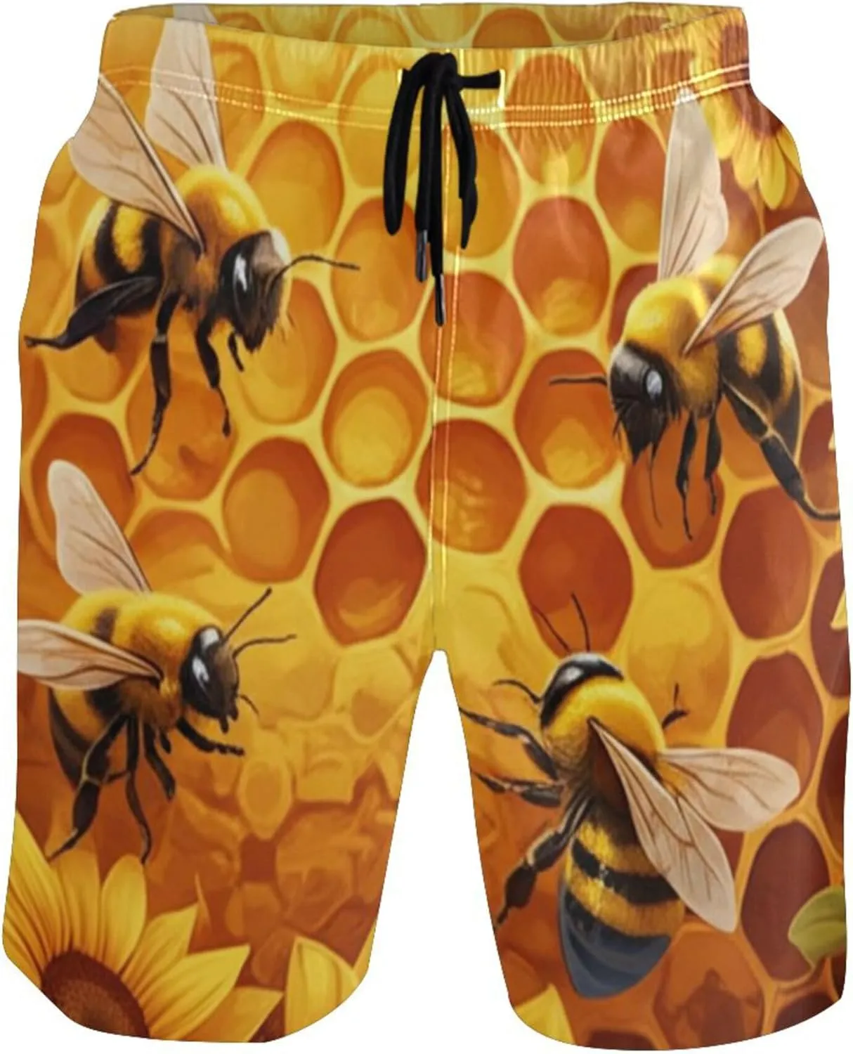 Vibrant Bees Sunflowers Swimming Board Shorts Cute Swim Trunks Men Hawaiian Elastic Waist Quick Dry S