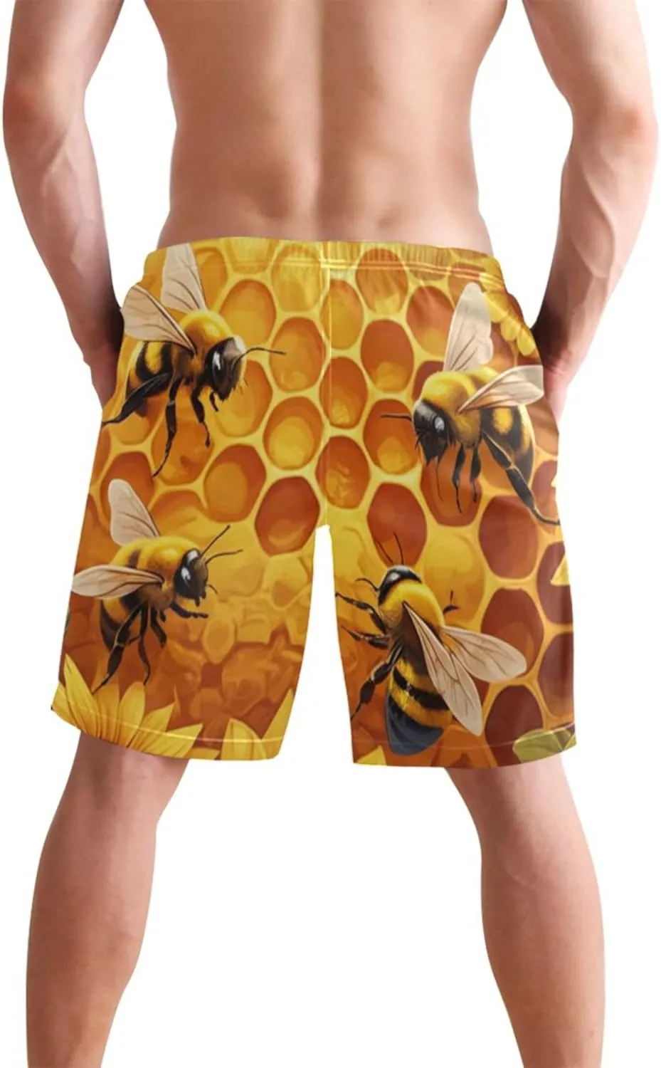 Vibrant Bees Sunflowers Swimming Board Shorts Cute Swim Trunks Men Hawaiian Elastic Waist Quick Dry S
