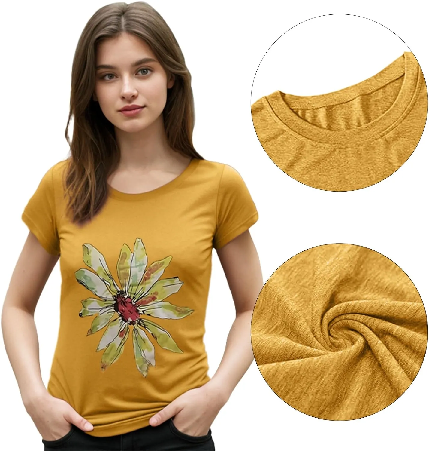 Vibrant Floral Graphic T-Shirt Women's Short Sleeve Crewneck Casual Summer Tops Beach Holiday Outfit‌