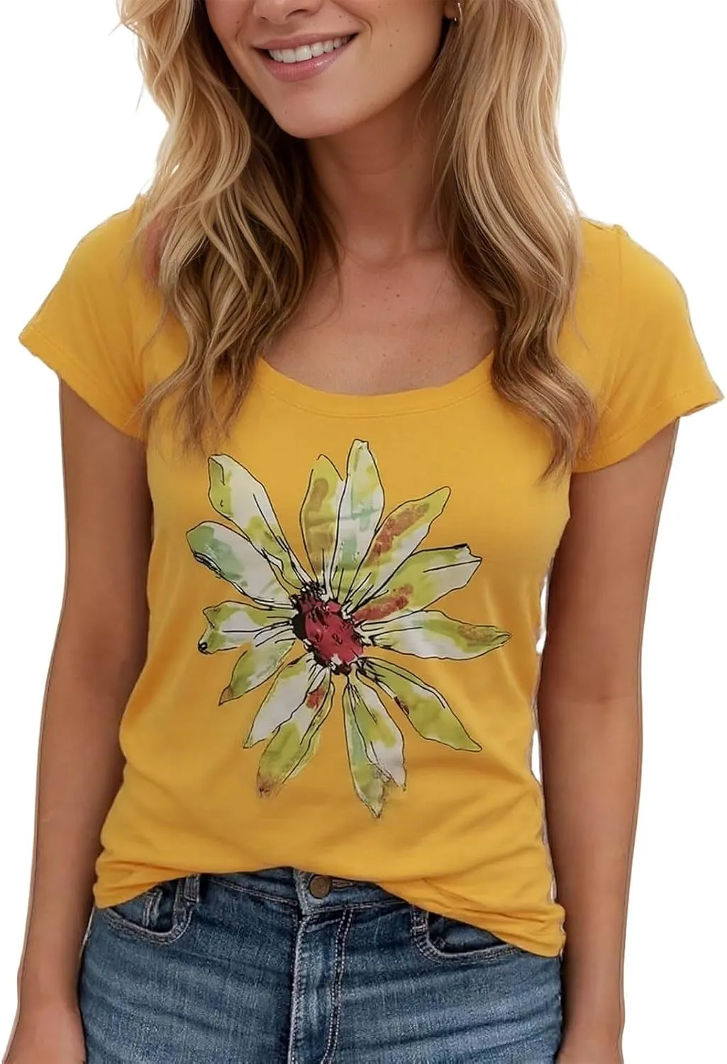 Vibrant Floral Graphic T-Shirt Women's Short Sleeve Crewneck Casual Summer Tops Beach Holiday Outfit‌