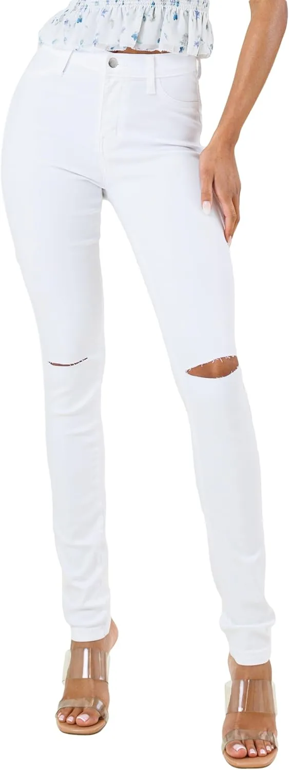 Vibrant Women’s Ripped Skinny Jeans – High Waisted Cutout Knee Ribbed Stretch Casual Denim Pants