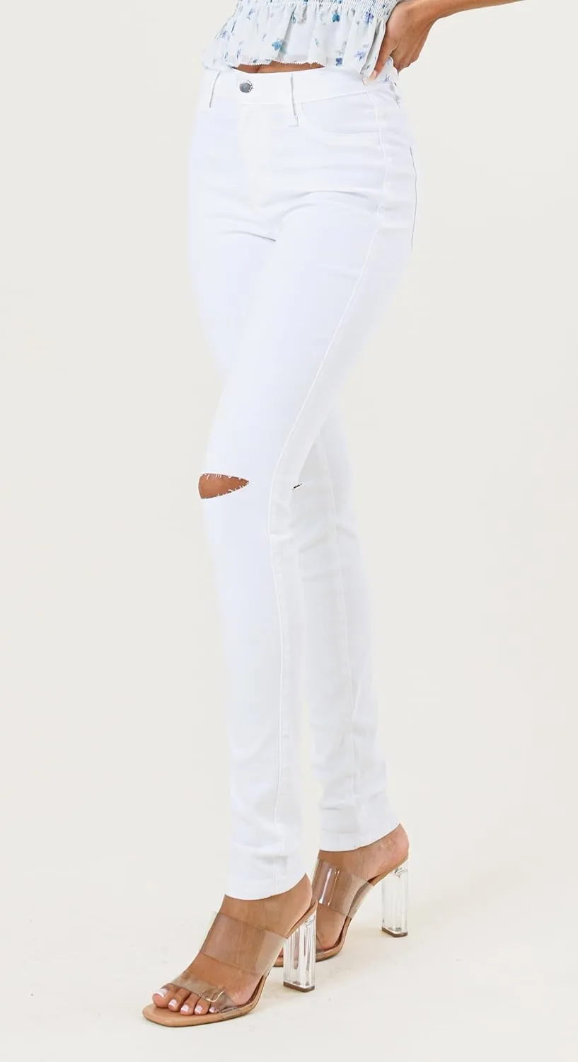 Vibrant Women’s Ripped Skinny Jeans – High Waisted Cutout Knee Ribbed Stretch Casual Denim Pants