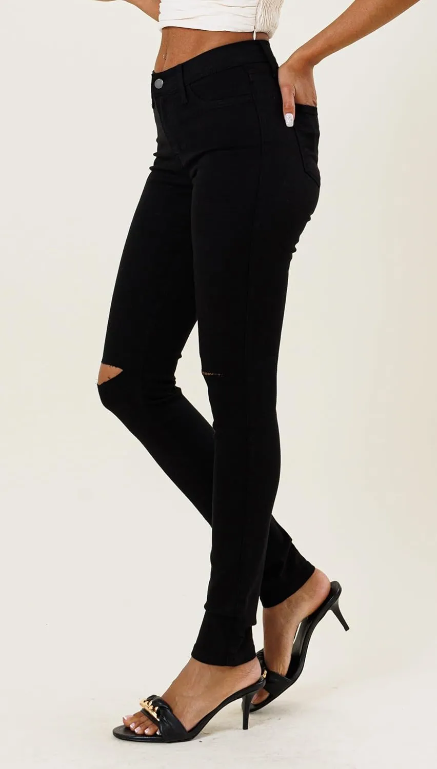Vibrant Women’s Ripped Skinny Jeans – High Waisted Cutout Knee Ribbed Stretch Casual Denim Pants