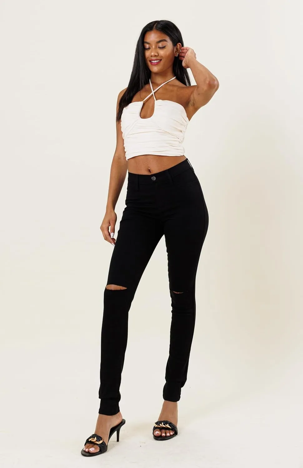 Vibrant Women’s Ripped Skinny Jeans – High Waisted Cutout Knee Ribbed Stretch Casual Denim Pants
