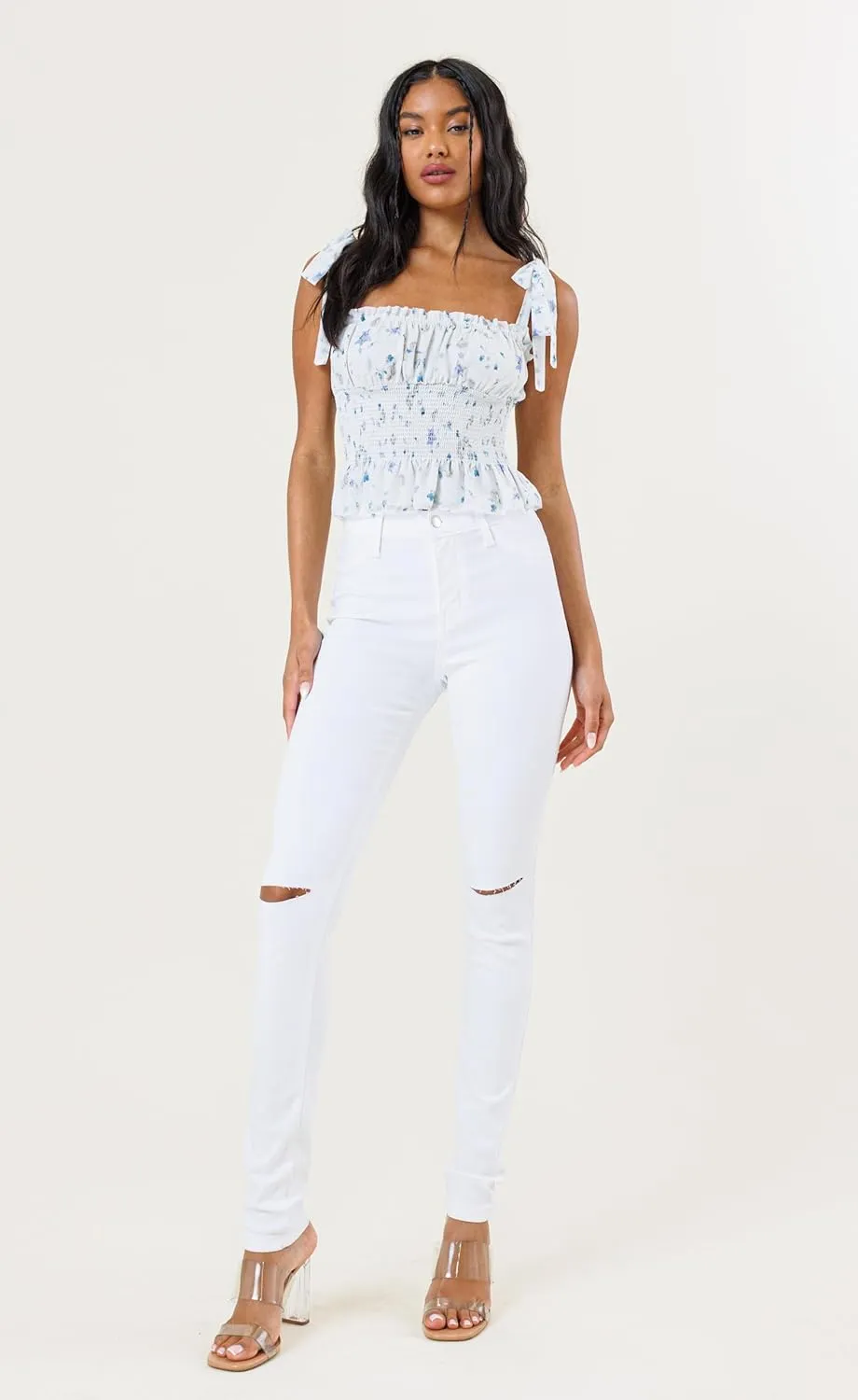 Vibrant Women’s Ripped Skinny Jeans – High Waisted Cutout Knee Ribbed Stretch Casual Denim Pants