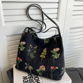Vvsha Large-capacity Embroidered Tote Bag Women Summer Trendy Cloth Bag Niche Embroidery Shoulder Bag Texture Bucket Bags Canvas Bags