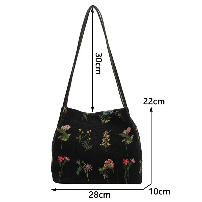 Vvsha Large-capacity Embroidered Tote Bag Women Summer Trendy Cloth Bag Niche Embroidery Shoulder Bag Texture Bucket Bags Canvas Bags