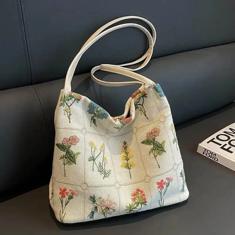 Vvsha Large-capacity Embroidered Tote Bag Women Summer Trendy Cloth Bag Niche Embroidery Shoulder Bag Texture Bucket Bags Canvas Bags