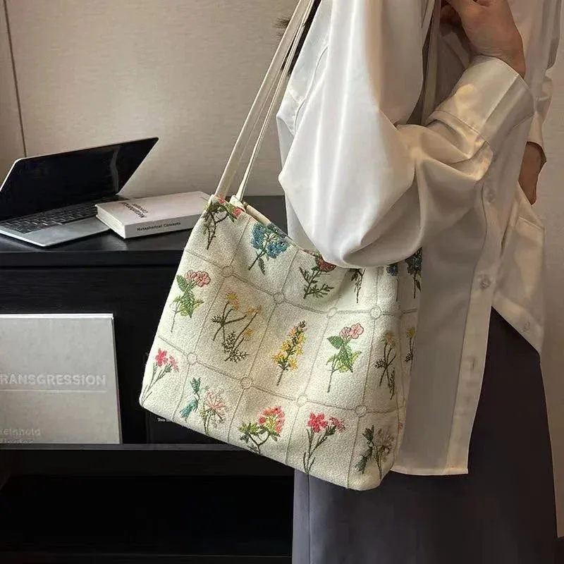 Vvsha Large-capacity Embroidered Tote Bag Women Summer Trendy Cloth Bag Niche Embroidery Shoulder Bag Texture Bucket Bags Canvas Bags