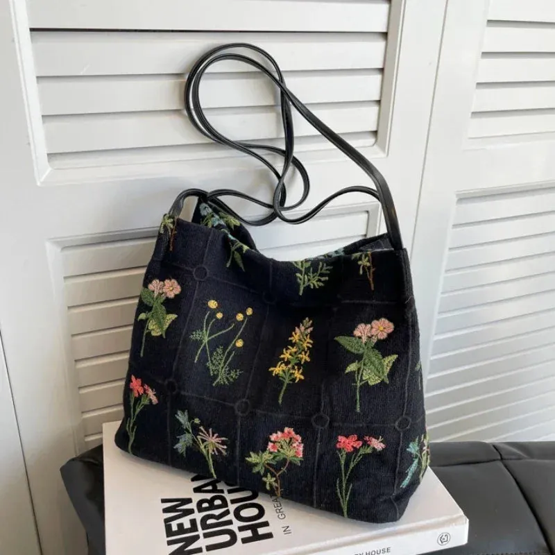 Vvsha Large-capacity Embroidered Tote Bag Women Summer Trendy Cloth Bag Niche Embroidery Shoulder Bag Texture Bucket Bags Canvas Bags