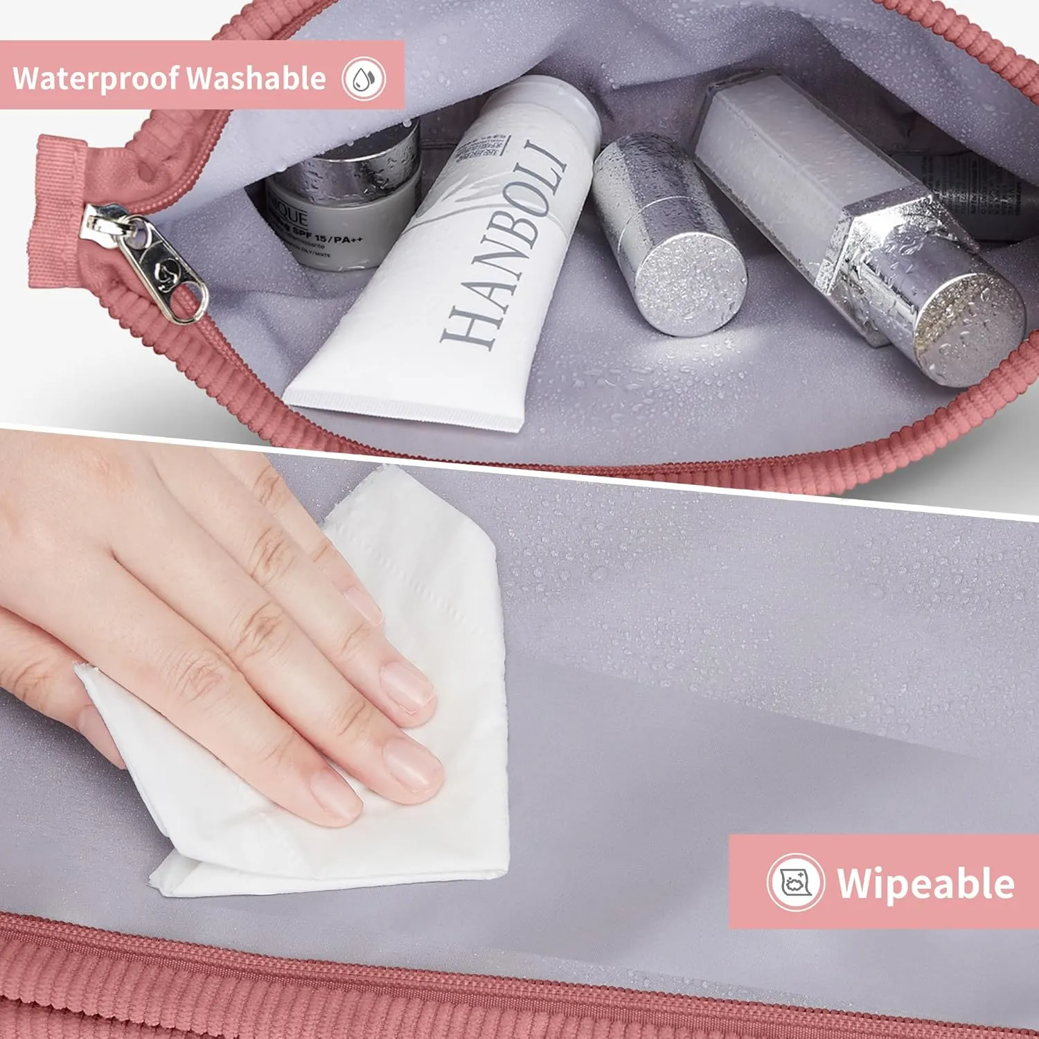 WLLWOO Makeup Bag-2pcs Corduroy Cosmetic Bag Zipper Interior Waterproof Pencil Case Coin Purse Travel Toiletry Small Makeup Pouch For Women