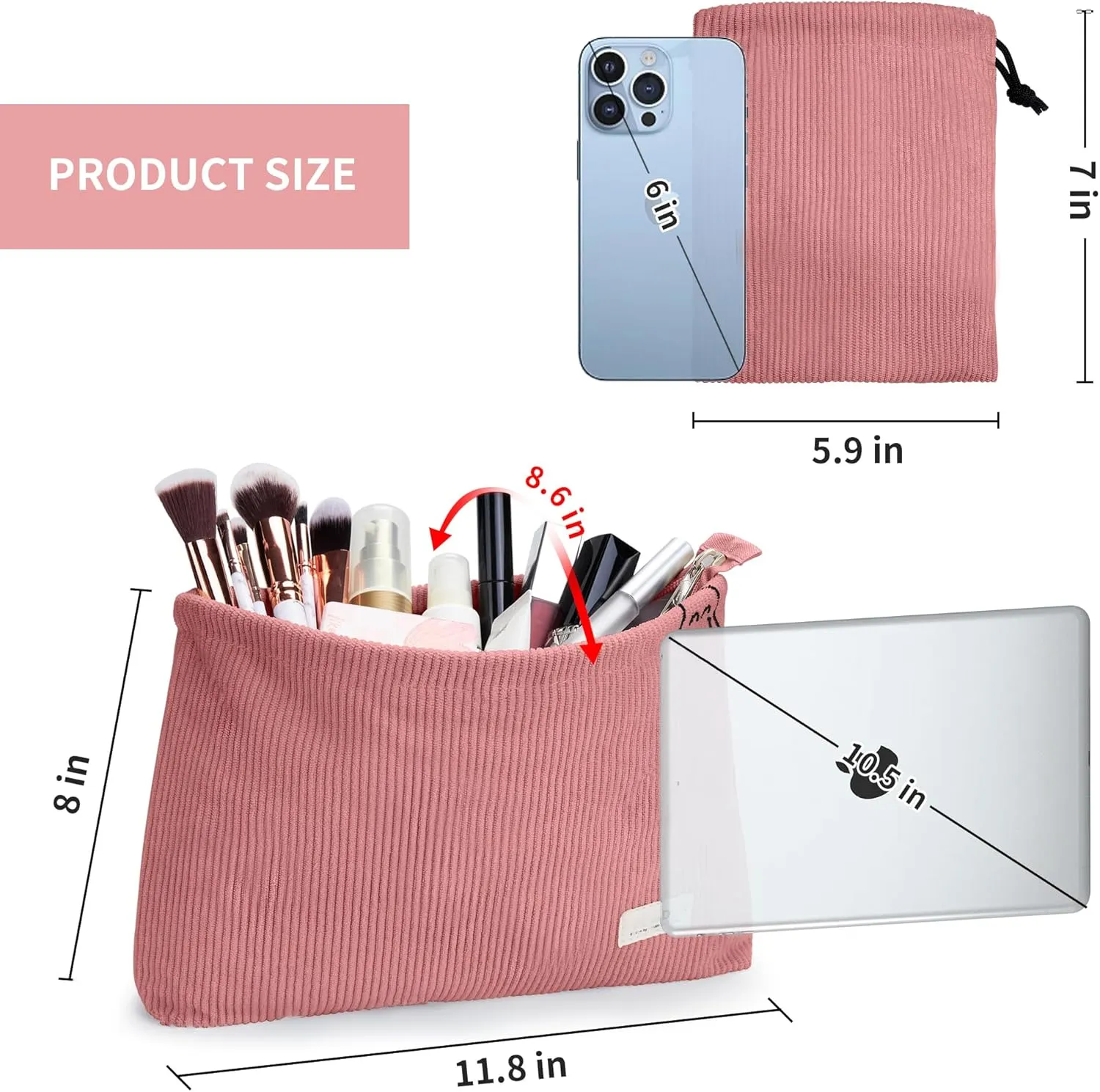 WLLWOO Makeup Bag-2pcs Corduroy Cosmetic Bag Zipper Interior Waterproof Pencil Case Coin Purse Travel Toiletry Small Makeup Pouch For Women